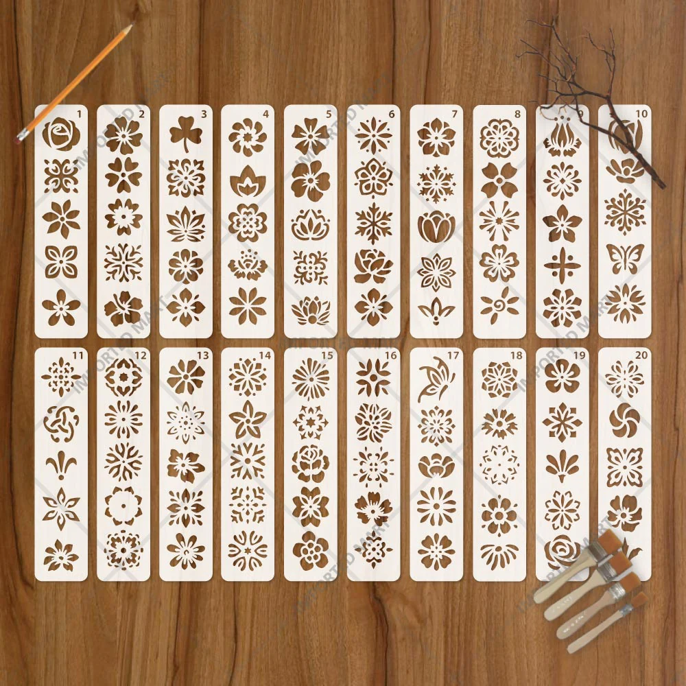 Floral Tapestry Border Stencil Pack for Scrapbook, Canvas & Craft Art – Decorative Flower Strip Patterns– ID# 714