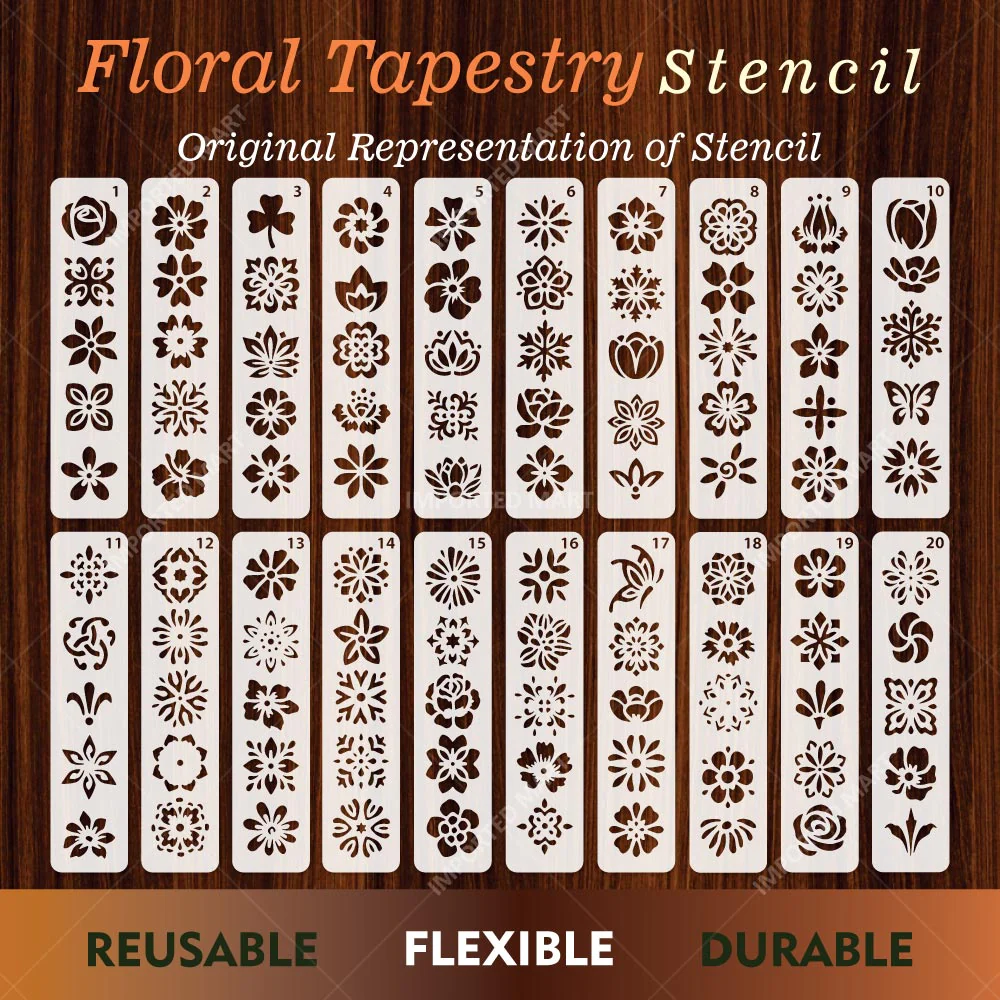Floral Tapestry Border Stencil Pack for Scrapbook, Canvas & Craft Art – Decorative Flower Strip Patterns– ID# 714 - Image 2