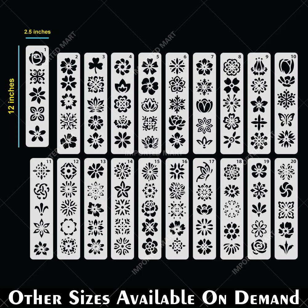 Floral Tapestry Border Stencil Pack for Scrapbook, Canvas & Craft Art – Decorative Flower Strip Patterns– ID# 714 - Image 5