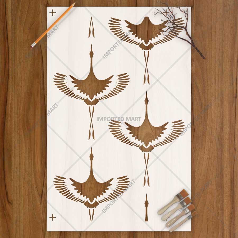 Flying Crane Pattern Stencil for Wall, Wood & Fabric Art – Elegant Bird Motif Design – ID# 798