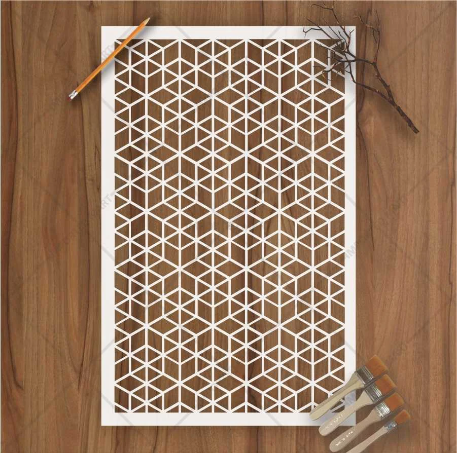 Geometric Cube Pattern Stencil for Wall, Floor & Wood Art – 3D Illusion Design – ID# 664 - Image 2