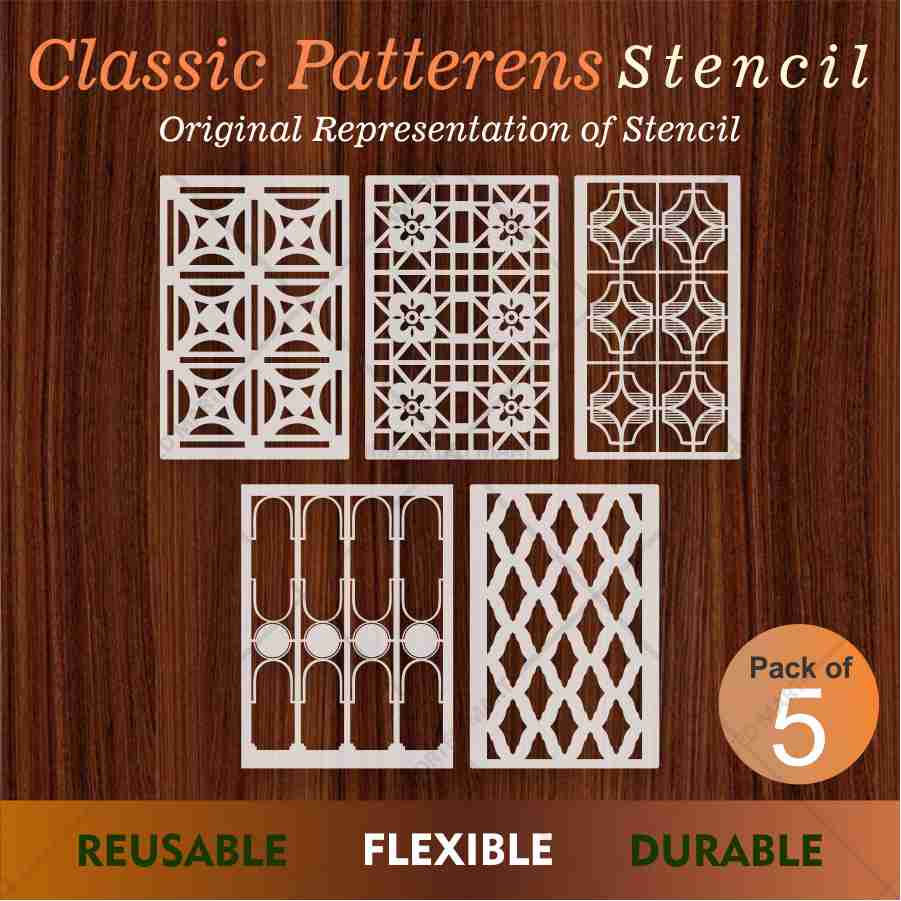 Classic Geometric Panel Pattern Stencil Pack of 5 – Wall, Furniture & Floor Art Decor – Reusable Mylar DIY Home Decor – imartdecor ID-705