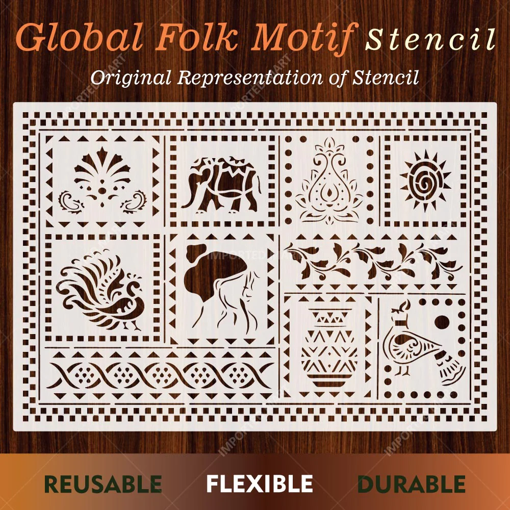 Global Folk Motif Stencil for Wall, Furniture & Fabric Art – Ethnic Folk Animal & Cultural Pattern – ID# 731 - Image 3