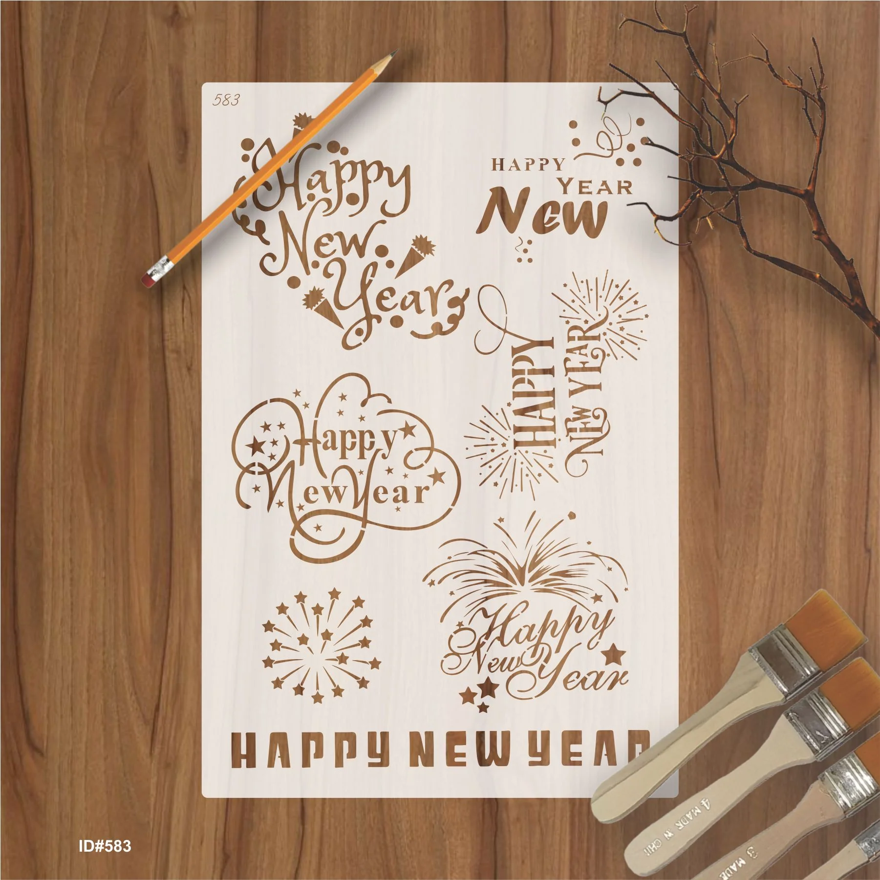 Happy New Year Stencil - Reusable Stencils for Painting - Create DIY Happy New Year Stars Decorative Paper Card Template. ID #583