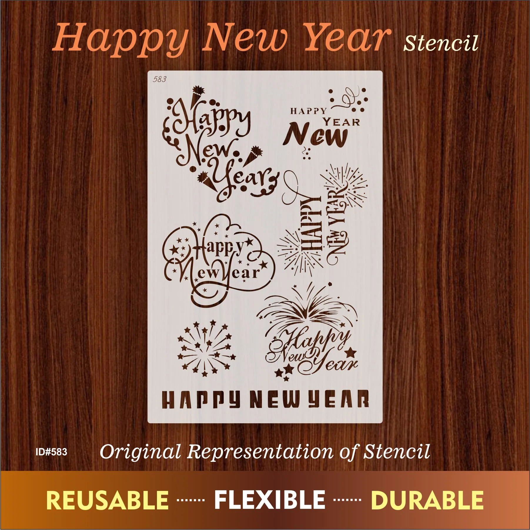 Happy New Year Stencil - Reusable Stencils for Painting - Create DIY Happy New Year Stars Decorative Paper Card Template. ID #583 - Image 8