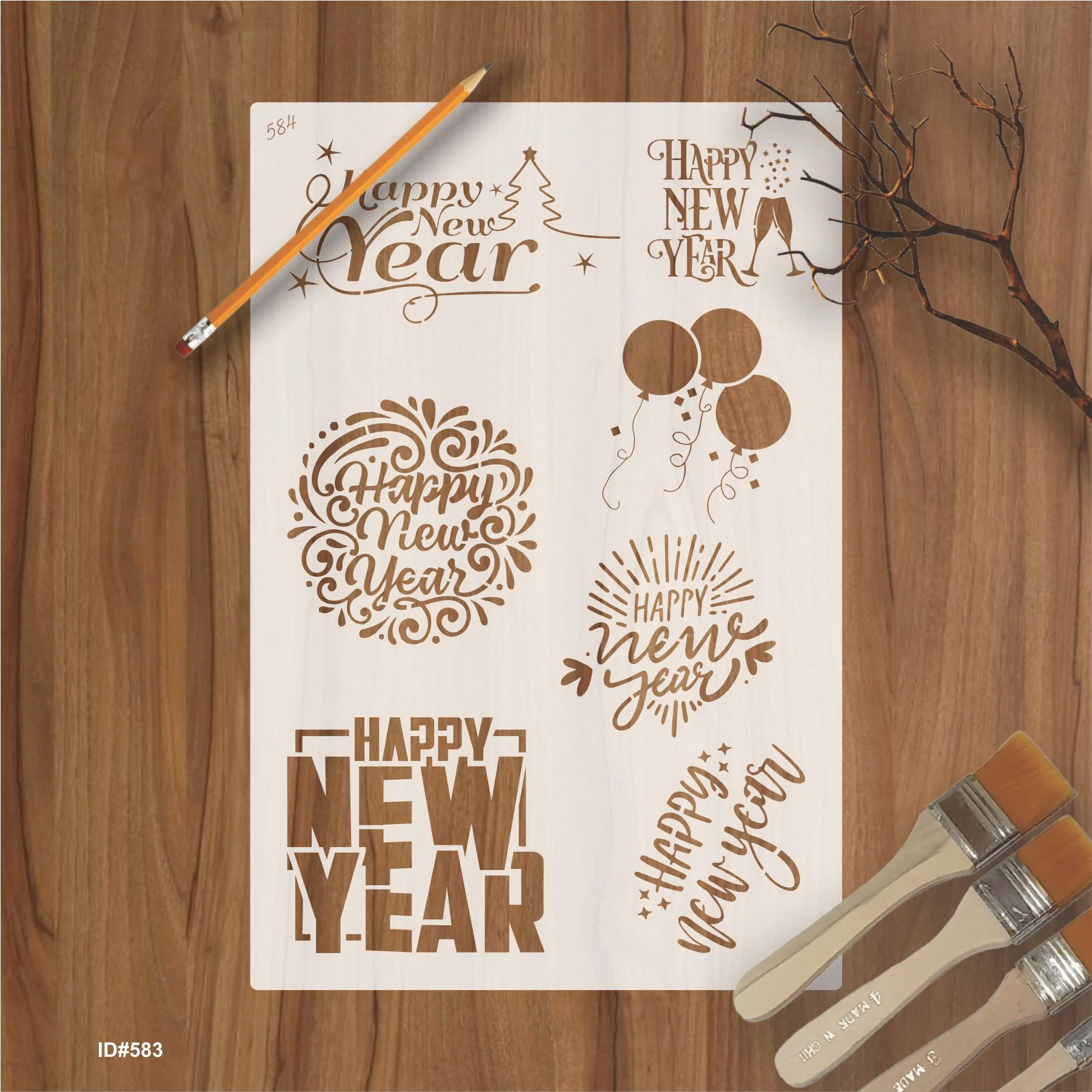Happy New Year Stencil - Reusable Stencils for Painting - Create DIY Happy New Year Stars Decorative Paper Card Template. ID #584 - Image 2