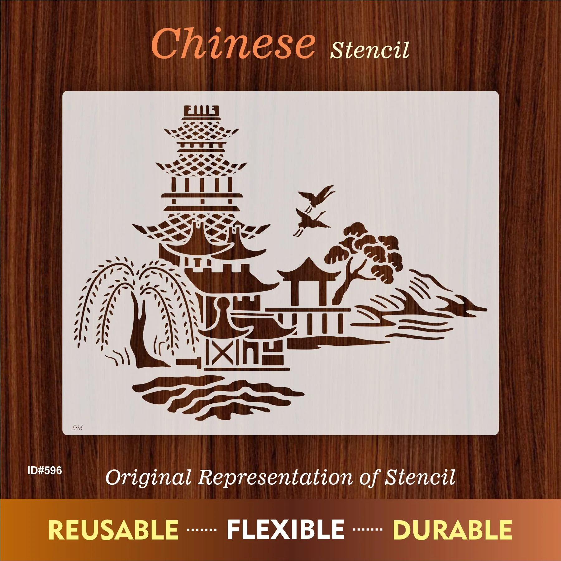 Japanese Pagoda & Landscape Stencil for Wall, Furniture & Fabric Art – Asian Temple Design – ID#596