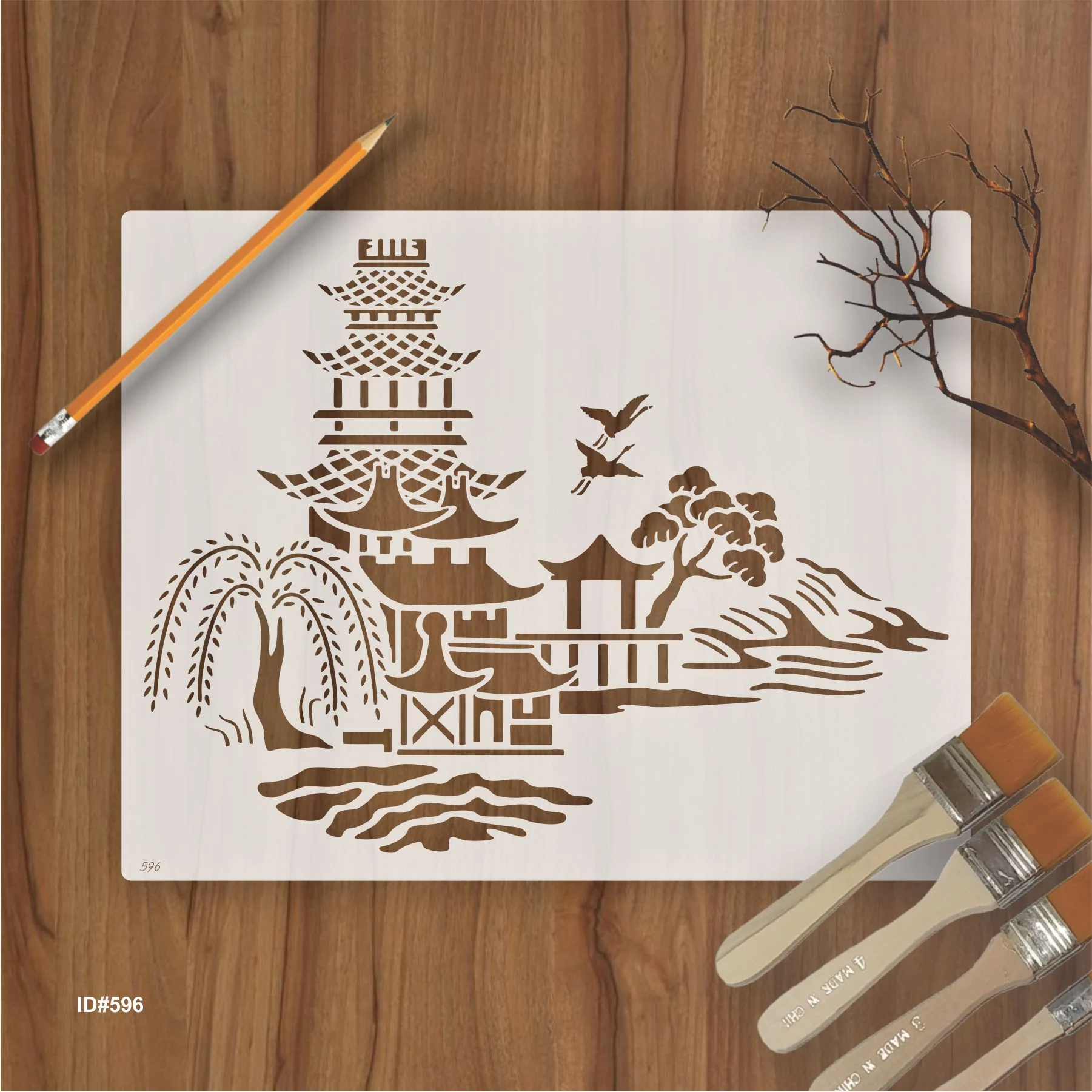 Japanese Pagoda & Landscape Stencil for Wall, Furniture & Fabric Art – Asian Temple Design – ID#596 - Image 2