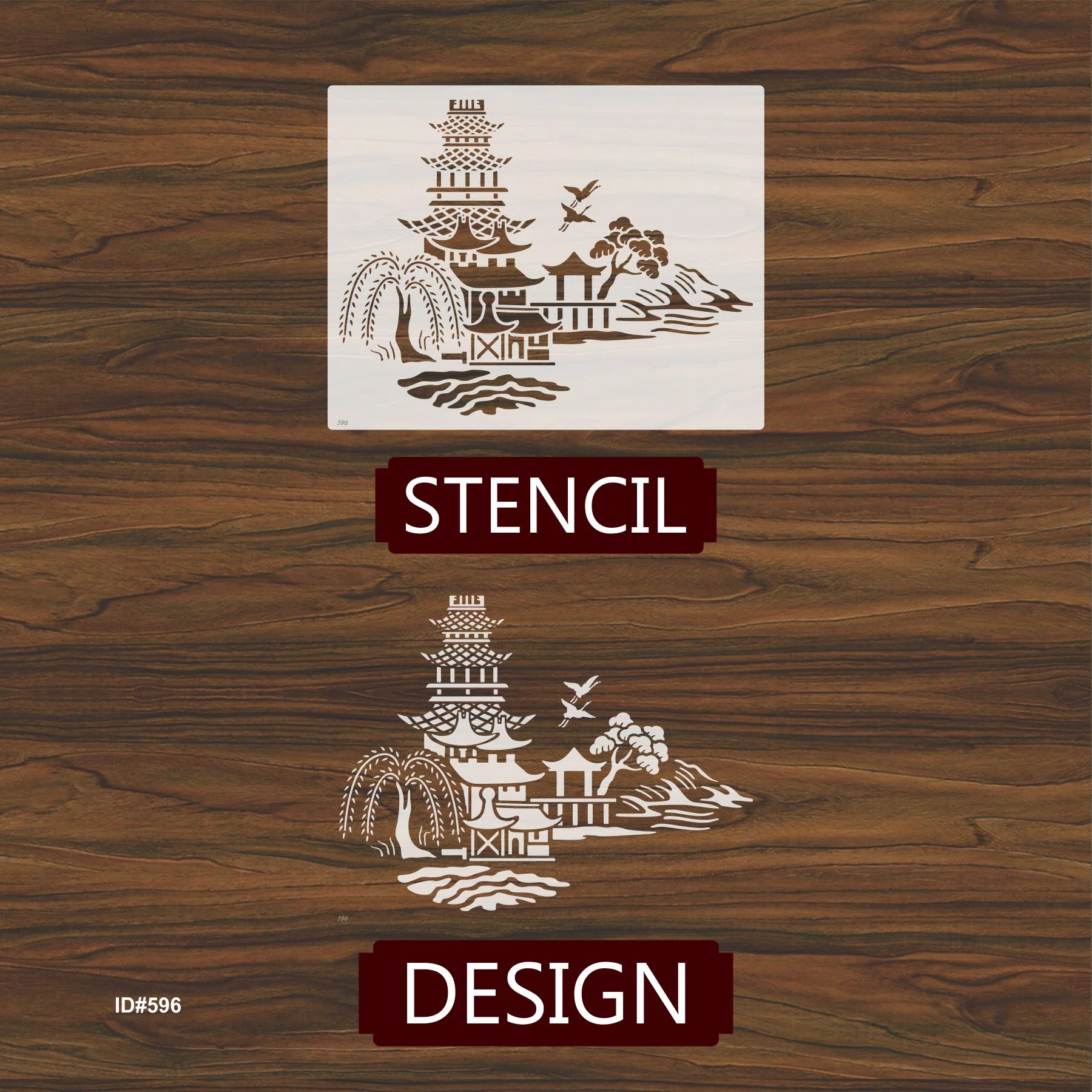 Japanese Pagoda & Landscape Stencil for Wall, Furniture & Fabric Art – Asian Temple Design – ID#596 - Image 4
