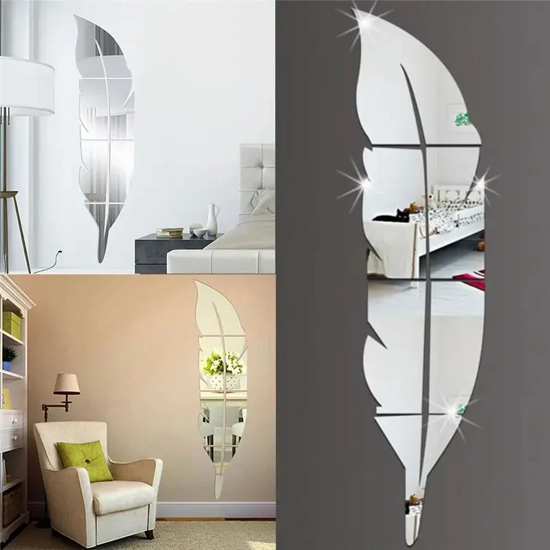 Large Feather shape Mirror Wall Sticker For Living Room Art Home Decor Acrylic waterproof Decal Sticker Abstract Wall Decor gift - Image 4