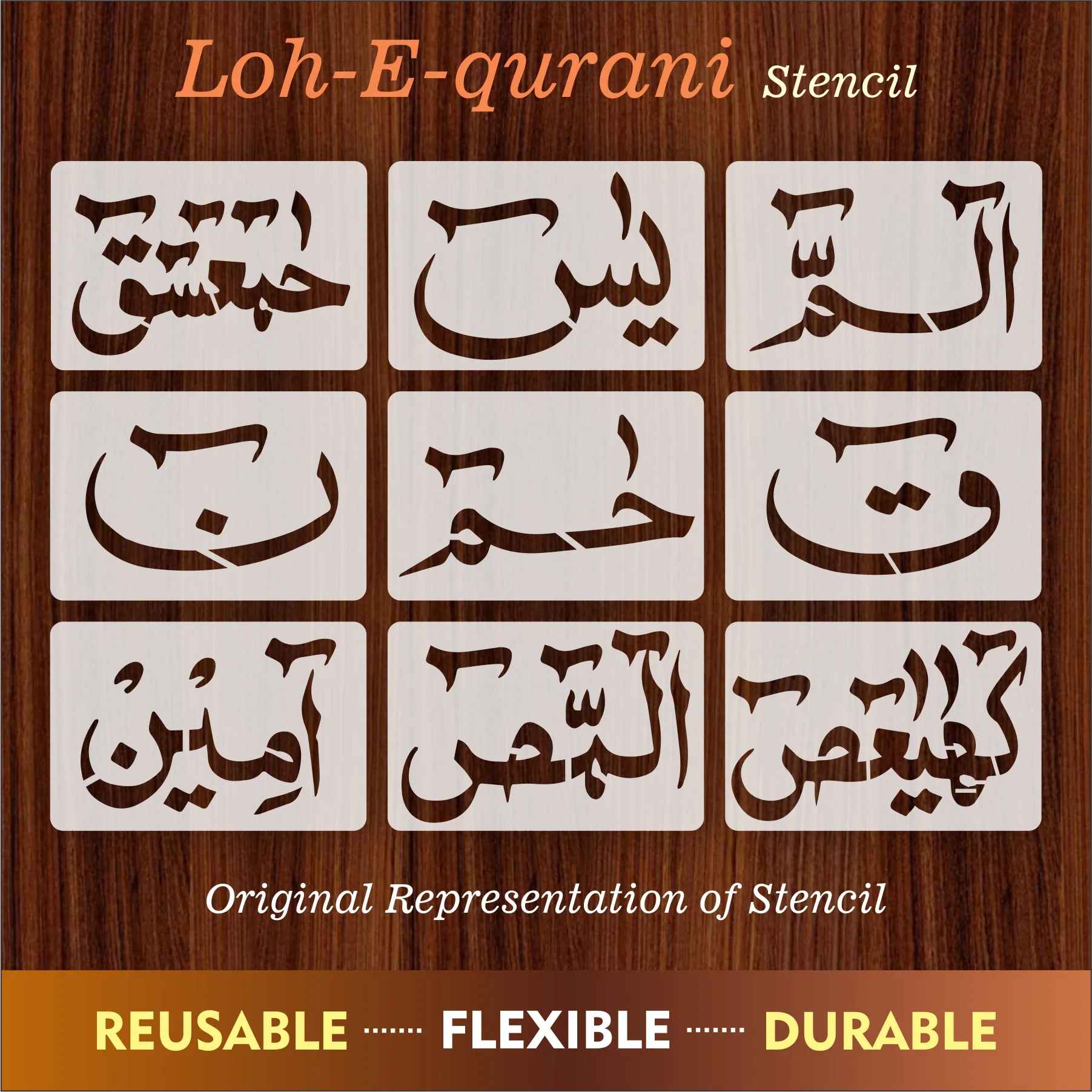 Loh e Qurani (Pack of 9) Calligraphy Islamic Reusable Stencil For Canvas And Wall Painting.ID#240