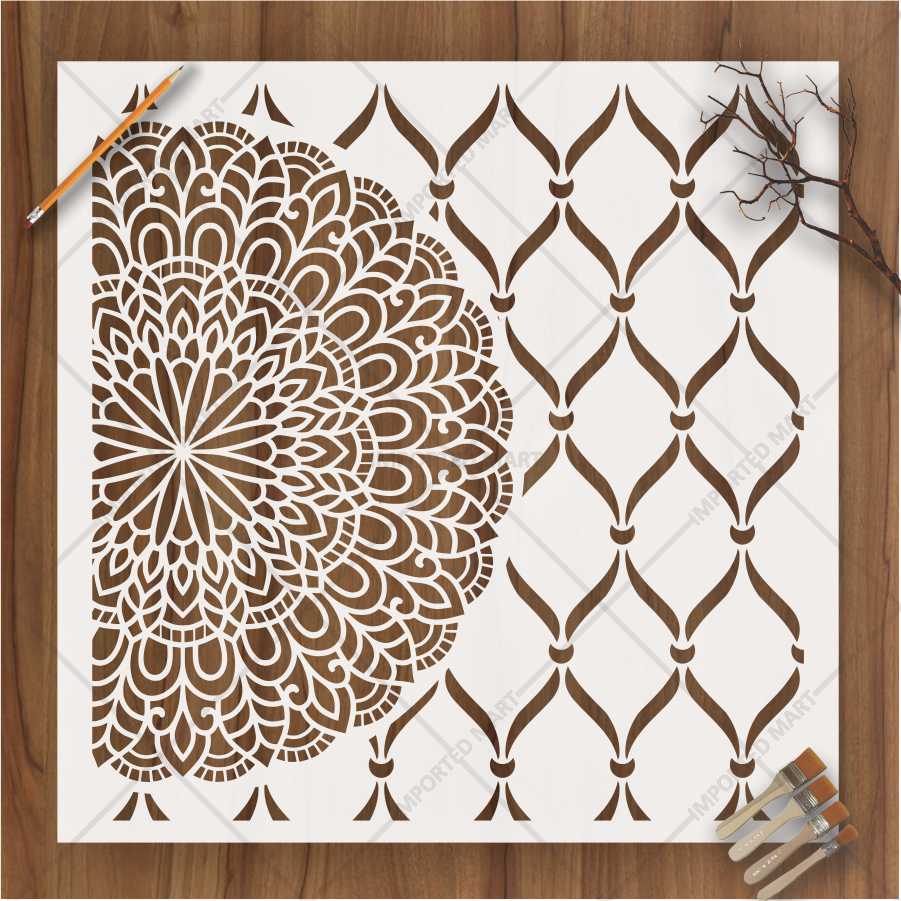 Mandala Bloom & Moroccan Mesh Stencil for Wall and Wood Art – Half Circle & Lattice Design – ID# 681 - Image 2