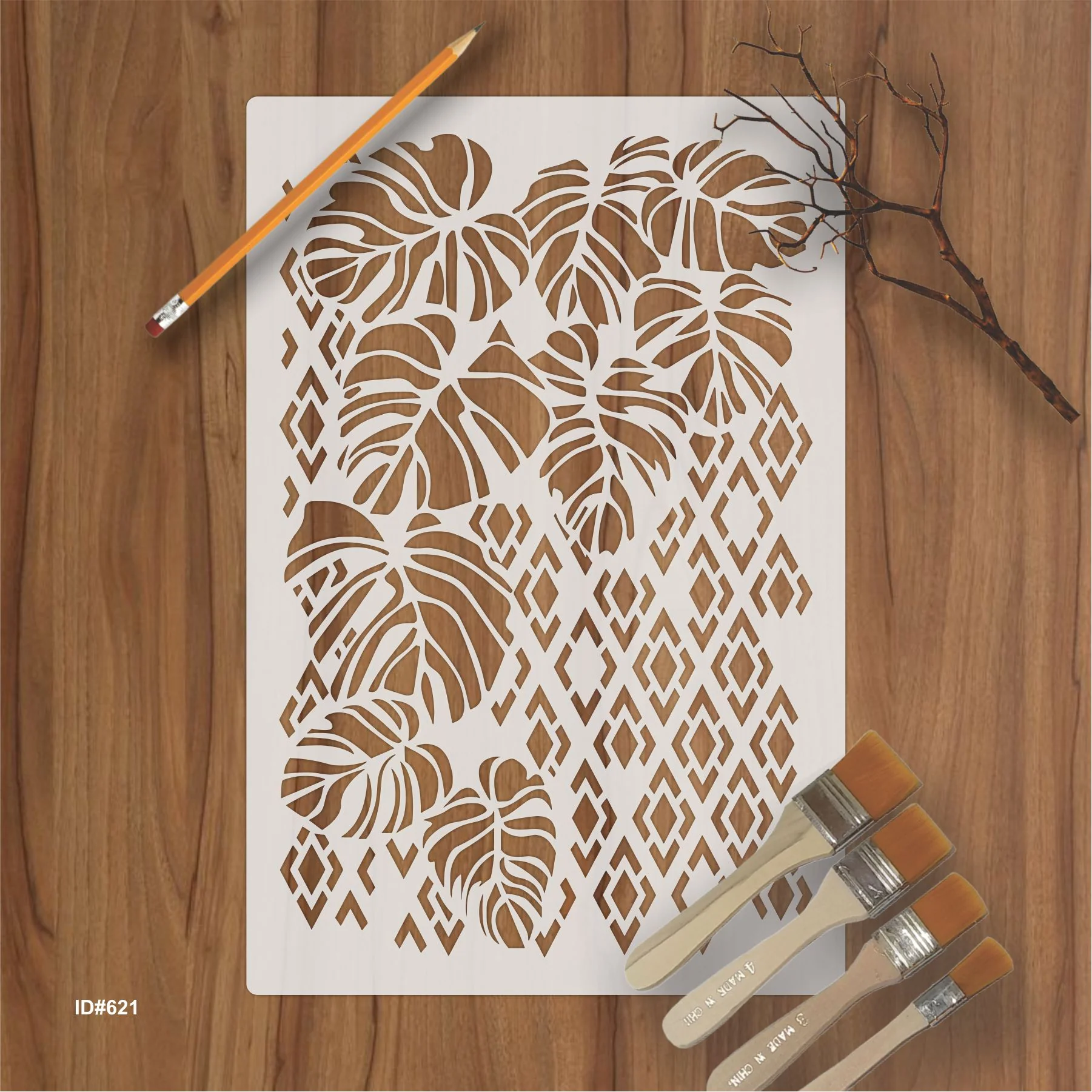 Monstera Leaf Diamond Mesh Stencil for Walls, Furniture & Fabric – Tropical Botanical Pattern – ID#621 - Image 2