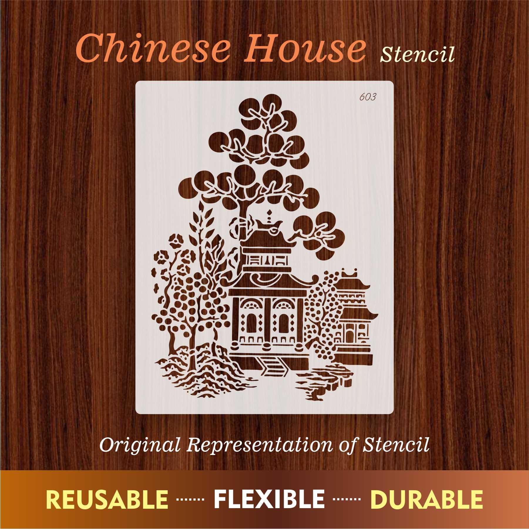 Oriental Pagoda Garden Stencil for Wall, Fabric & Furniture Painting – Asian Temple Design – ID# 603