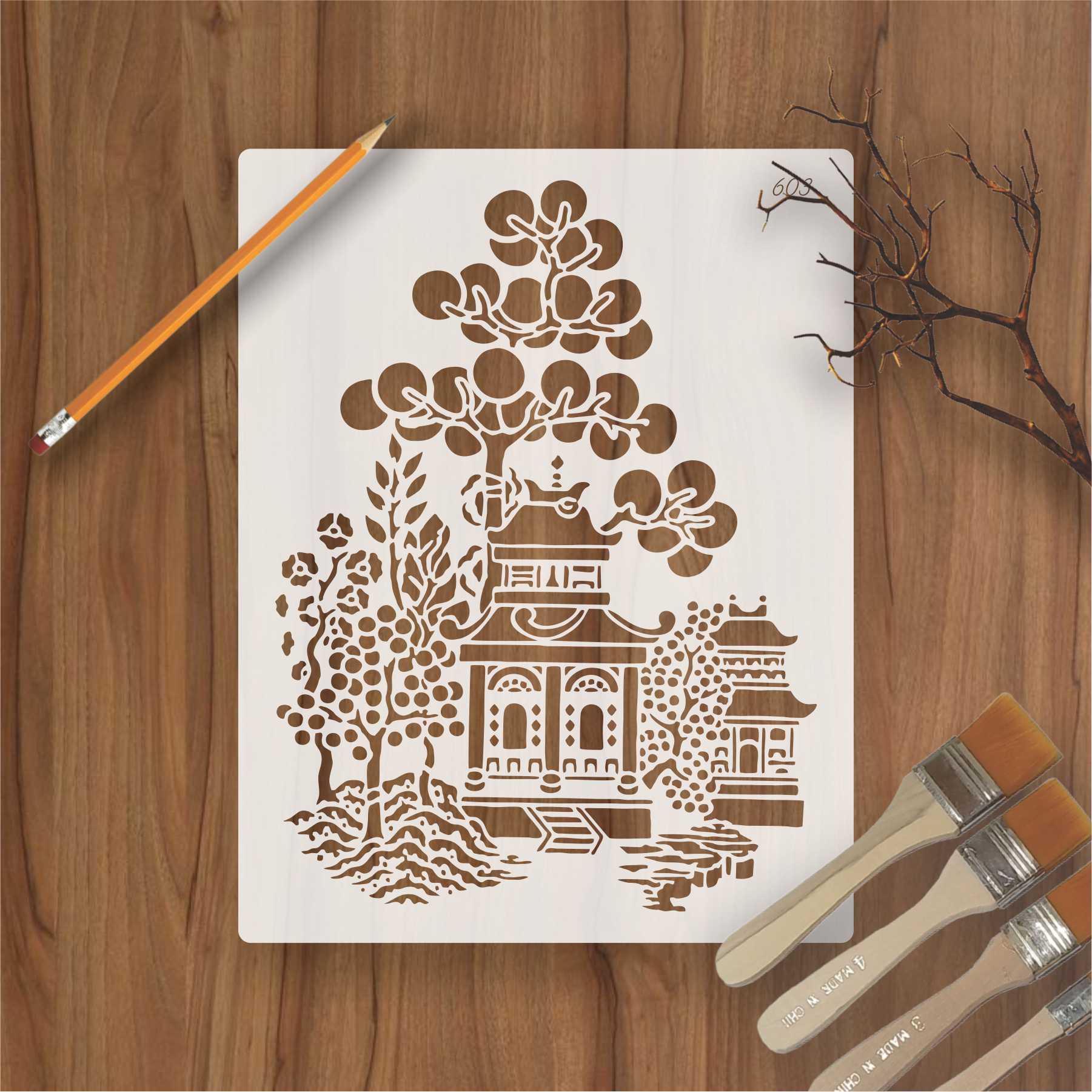 Oriental Pagoda Garden Stencil for Wall, Fabric & Furniture Painting – Asian Temple Design – ID# 603 - Image 2