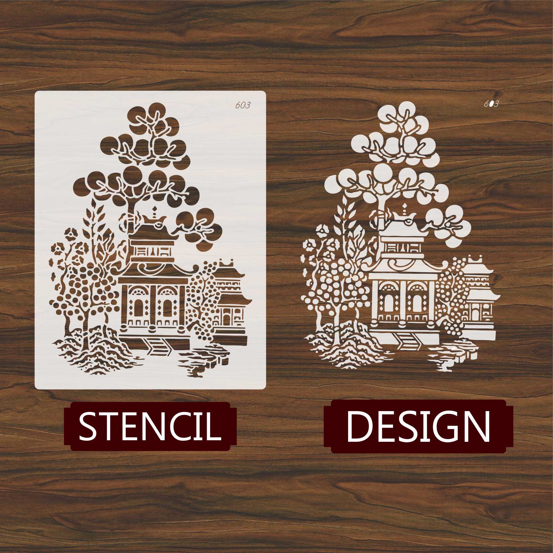 Oriental Pagoda Garden Stencil for Wall, Fabric & Furniture Painting – Asian Temple Design – ID# 603 - Image 4