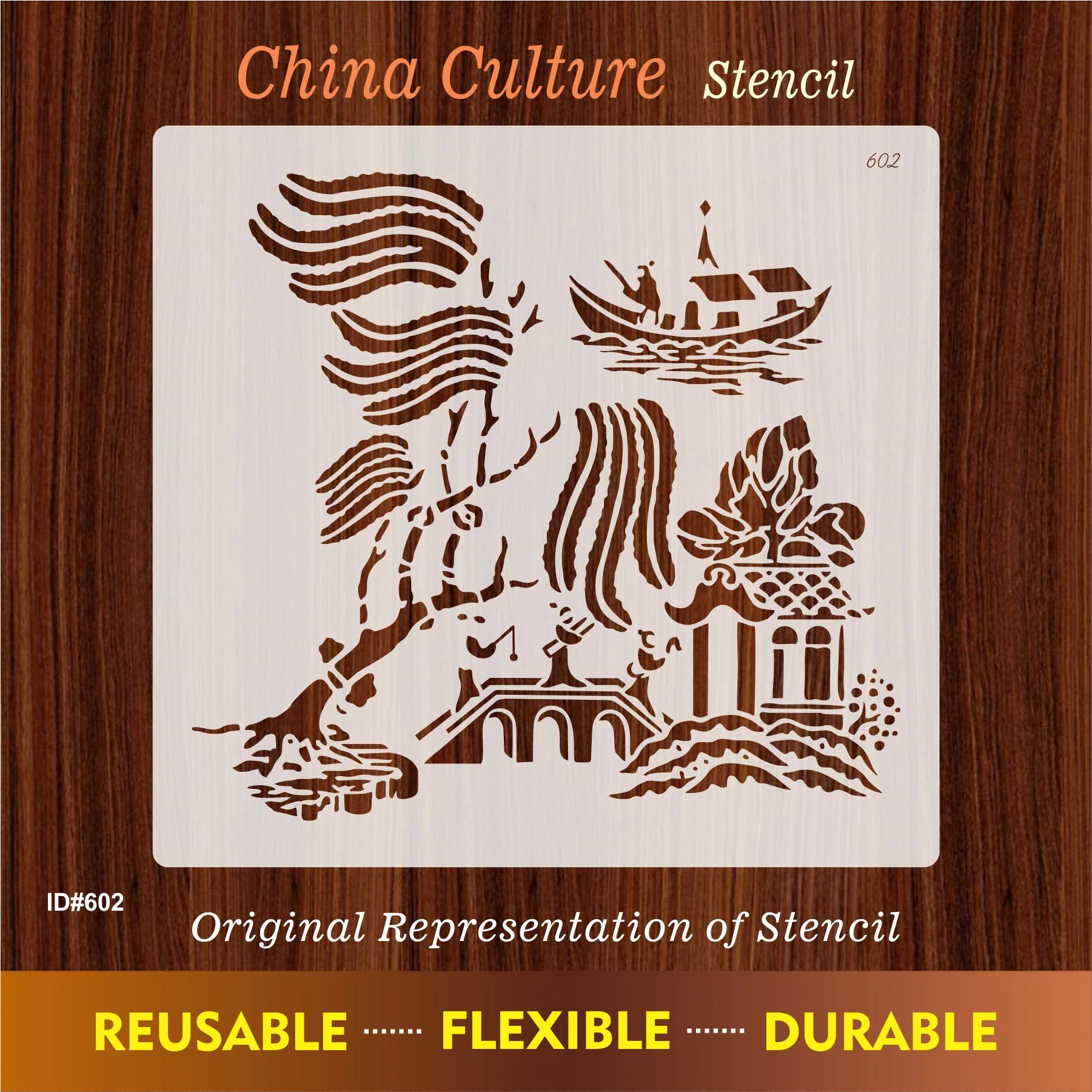 Oriental River Boat & Pagoda Stencil for Wall, Wood & Fabric Art – Asian Landscape Design – ID# 602