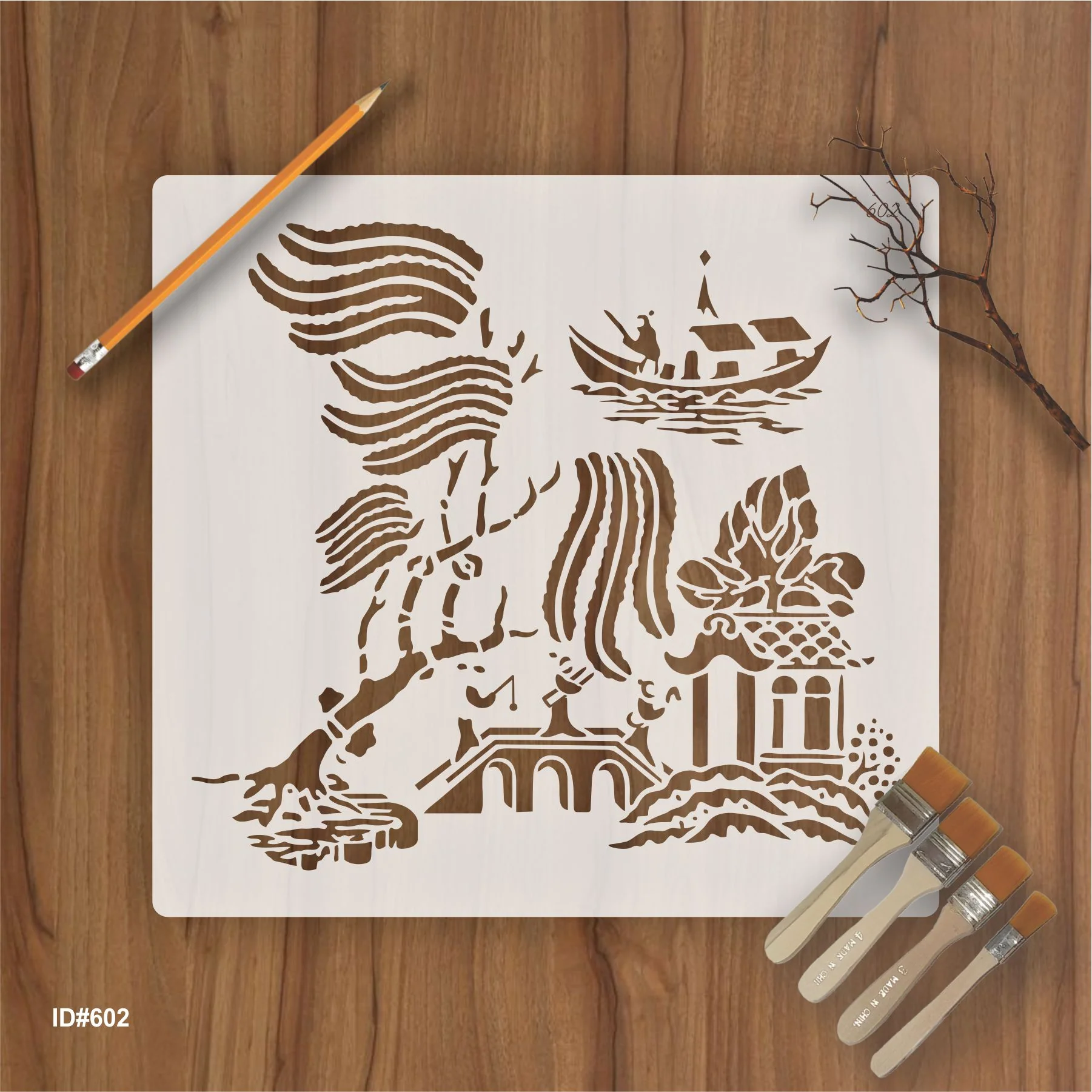 Oriental River Boat & Pagoda Stencil for Wall, Wood & Fabric Art – Asian Landscape Design – ID# 602 - Image 2