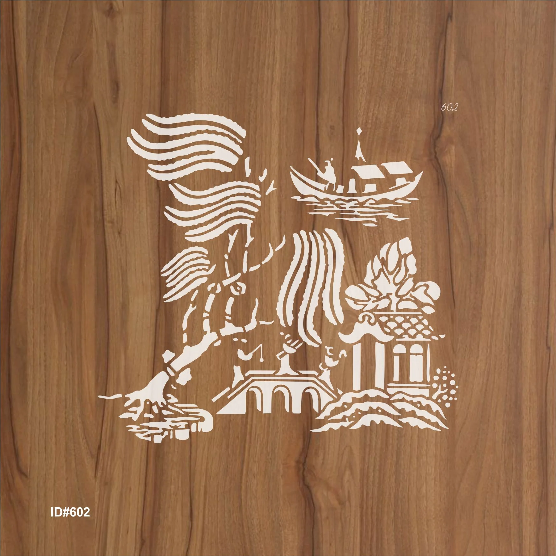 Oriental River Boat & Pagoda Stencil for Wall, Wood & Fabric Art – Asian Landscape Design – ID# 602 - Image 3