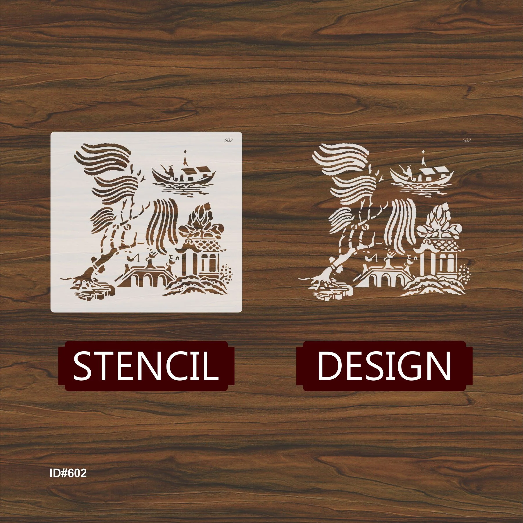 Oriental River Boat & Pagoda Stencil for Wall, Wood & Fabric Art – Asian Landscape Design – ID# 602 - Image 4