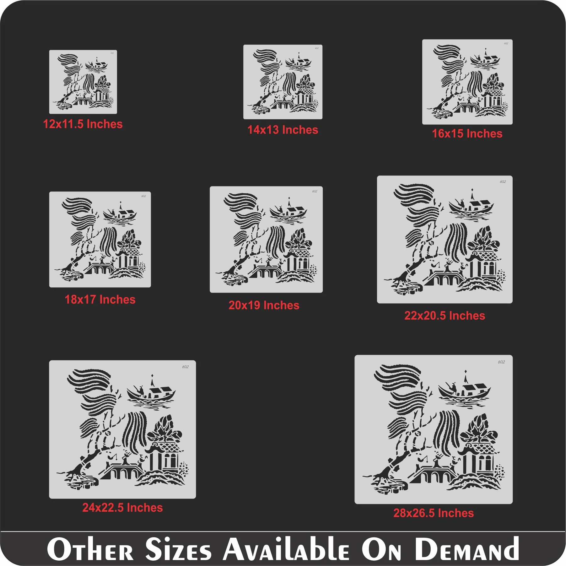Oriental River Boat & Pagoda Stencil for Wall, Wood & Fabric Art – Asian Landscape Design – ID# 602 - Image 5