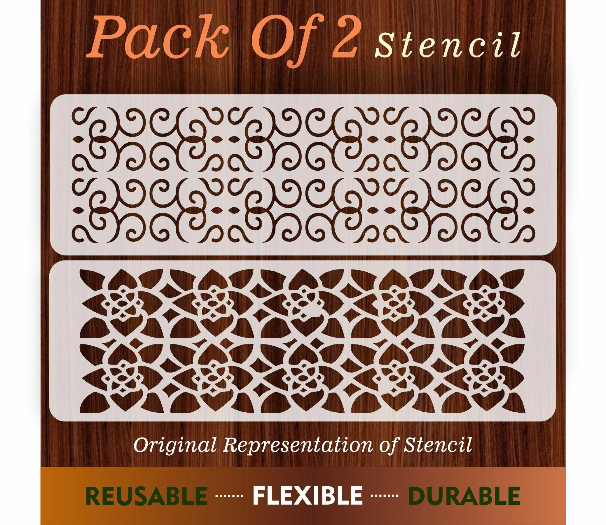 Pack of 2 border, Floral Reusable Stencil for Canvas and wall painting.ID#39