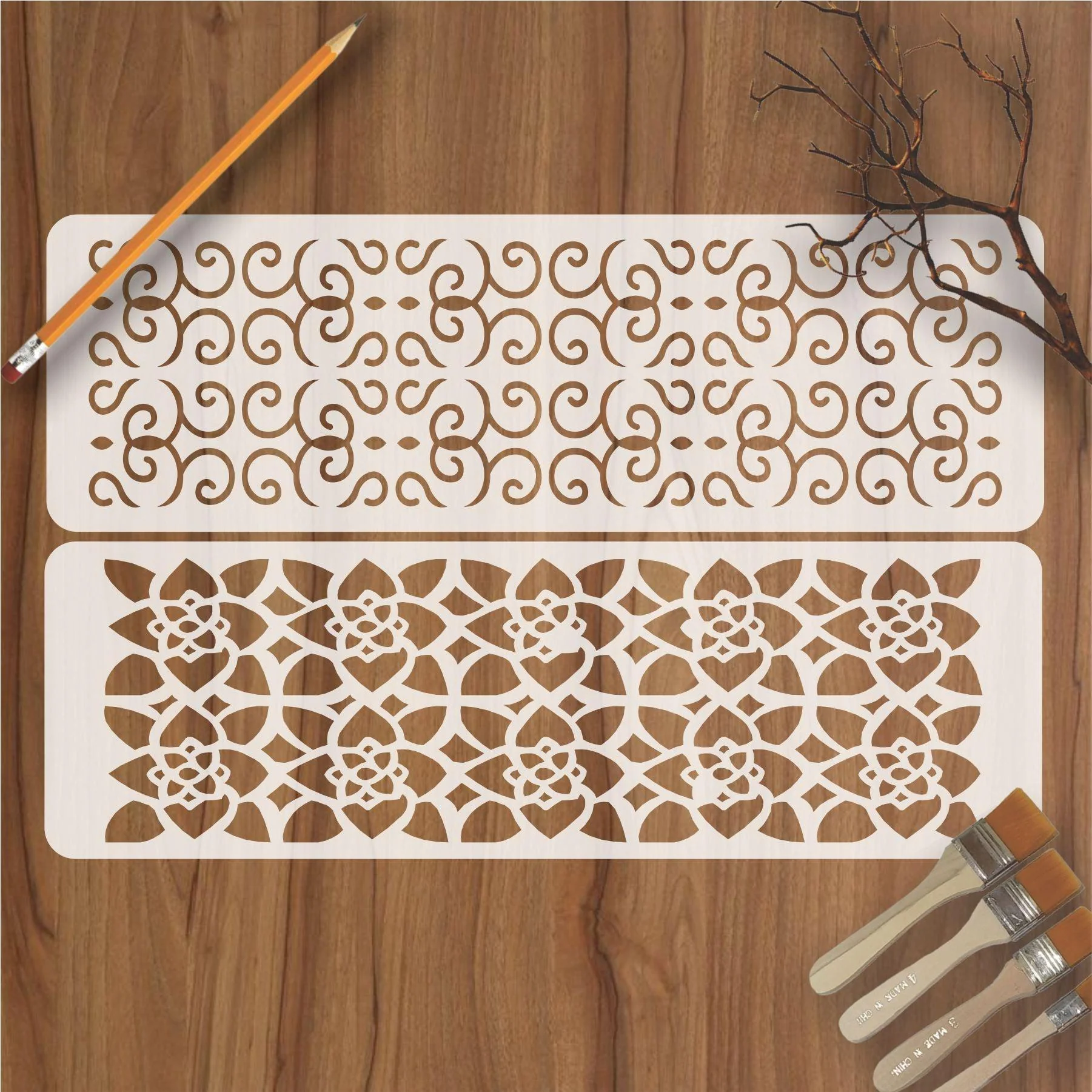 Pack of 2 border, Floral Reusable Stencil for Canvas and wall painting.ID#39 - Image 2