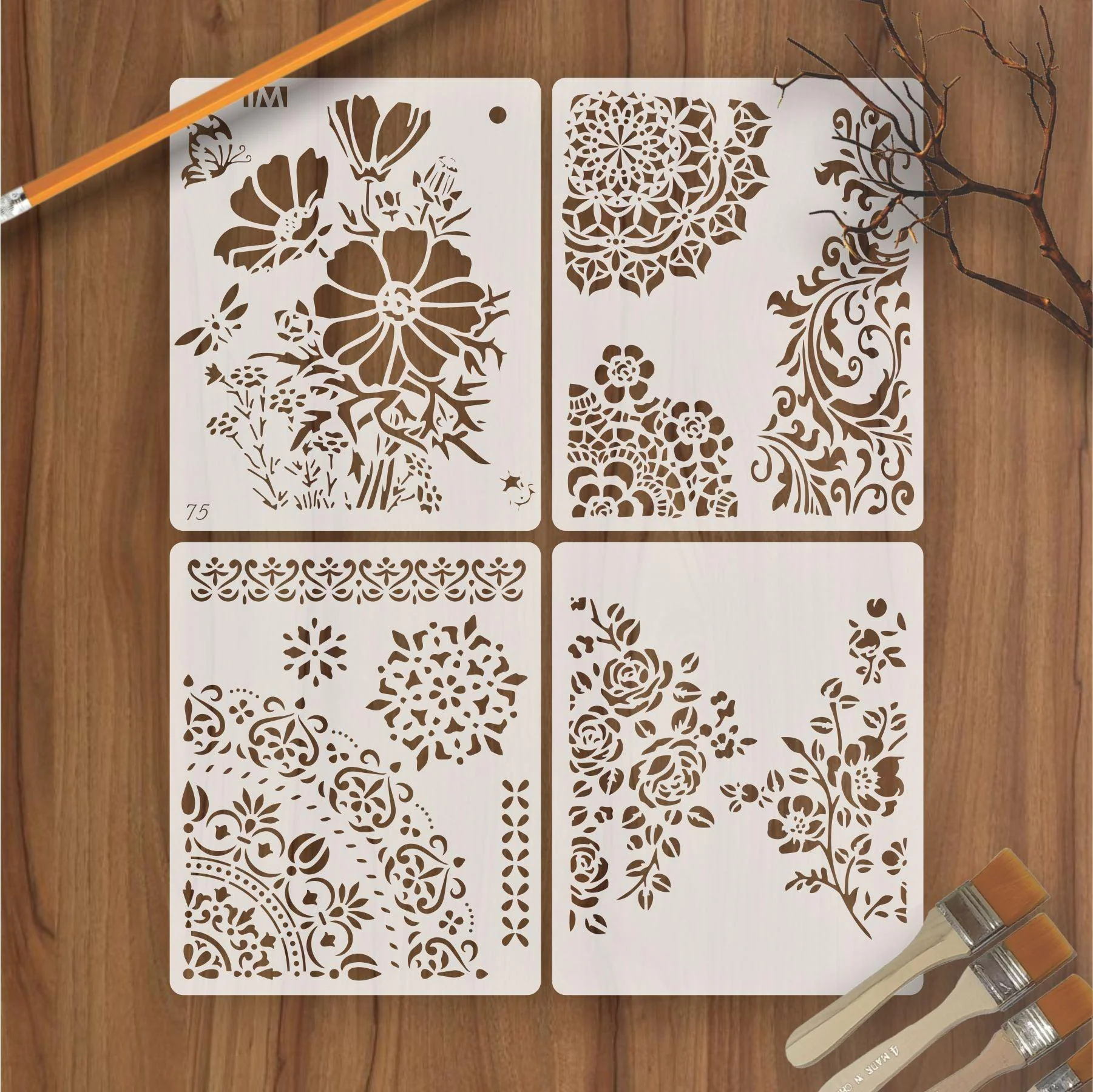 Pack of 4 Floral Reusable Stencil for Fabric , Canvas and wall painting.ID#04 - Image 4