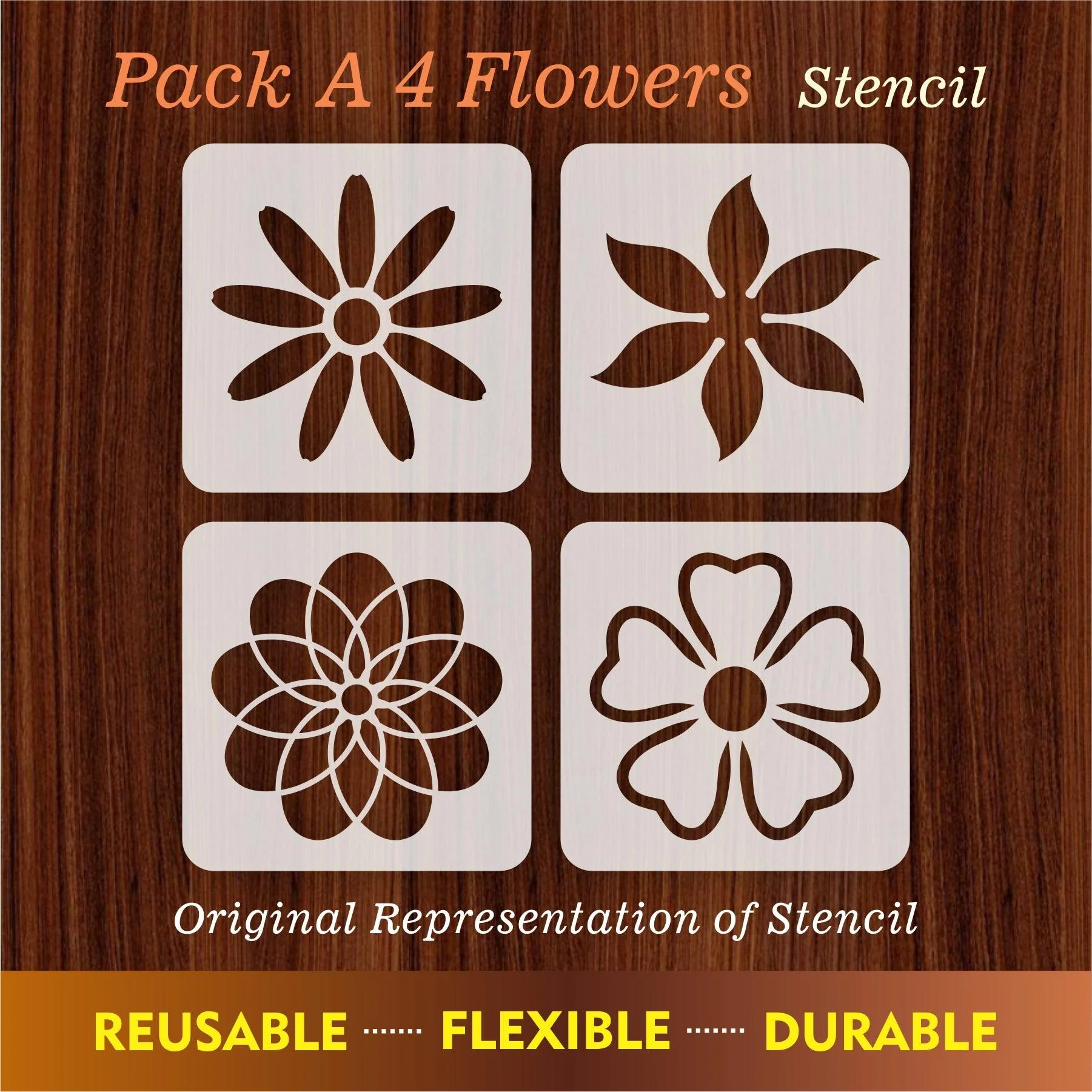 Pack of 4 Reusable Stencil For Canvas And Wall Painting.ID#209A