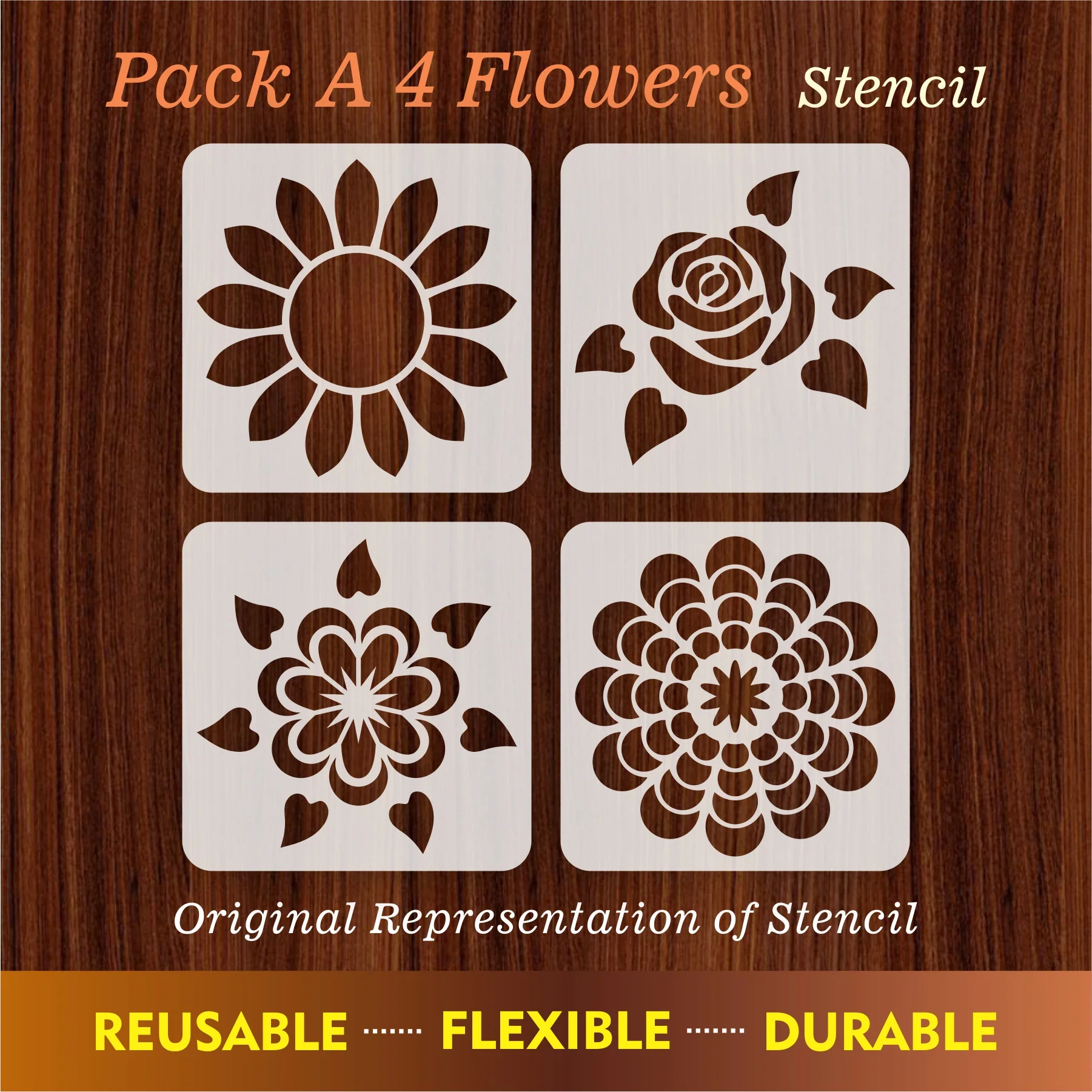 Pack of 4 Reusable Stencil For Canvas And Wall Painting.ID#209B