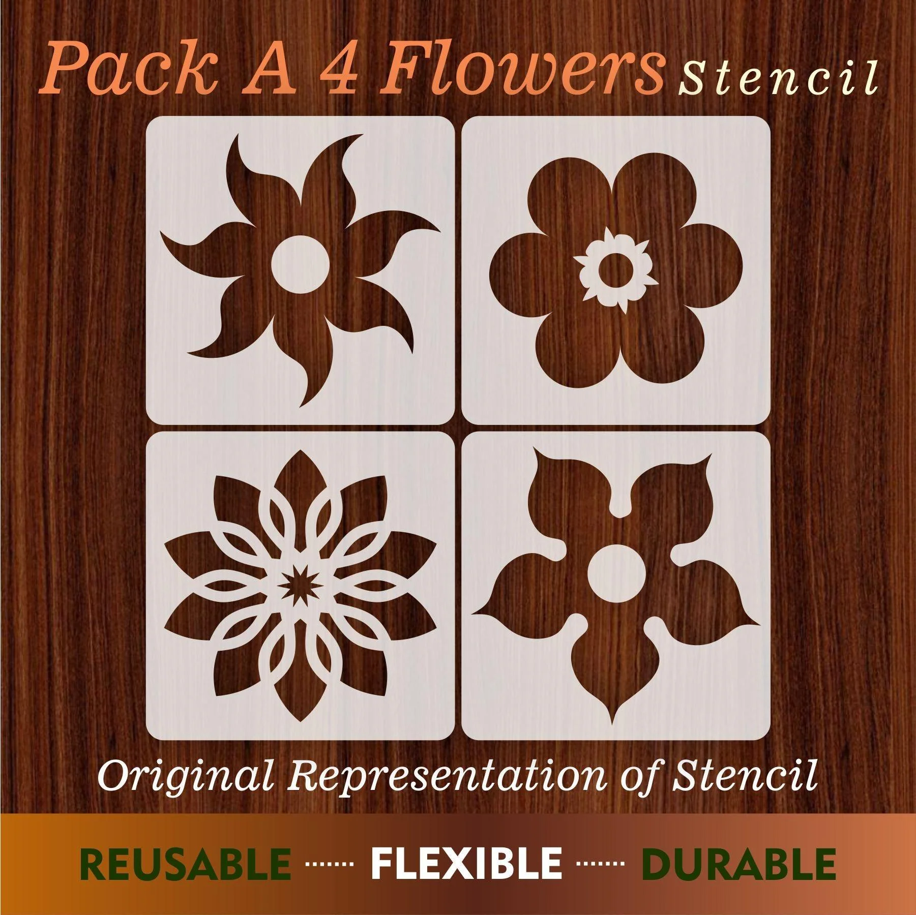 Pack of 4 Wall Decoration floral Reusable Stencil for Canvas and wall painting.ID#32-1