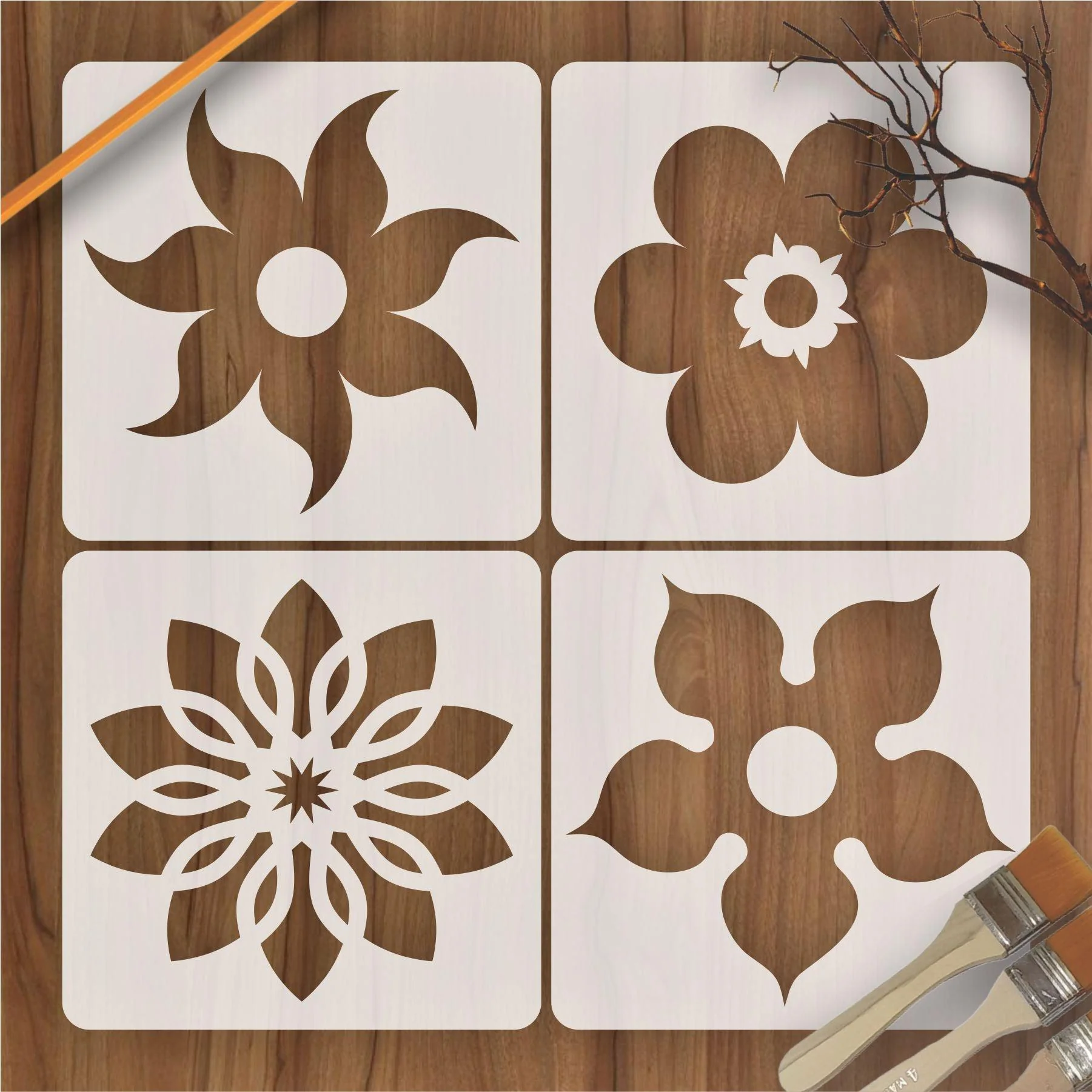 Pack of 4 Wall Decoration floral Reusable Stencil for Canvas and wall painting.ID#32-1 - Image 2