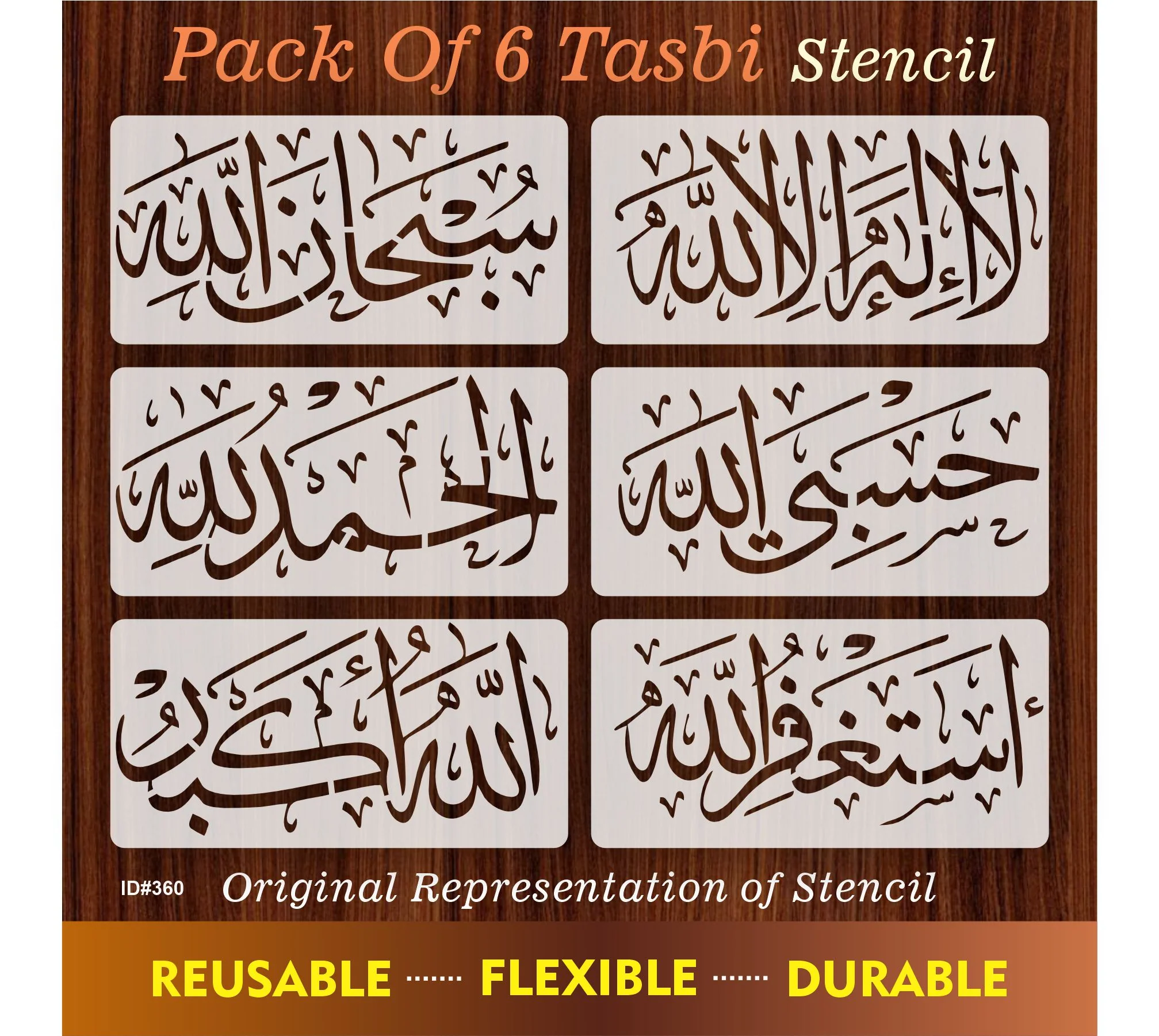 Pack of 6 Tasbi Calligraphy Calligraphy Islamic Reusable Stencil for Canvas and wall painting.ID #360