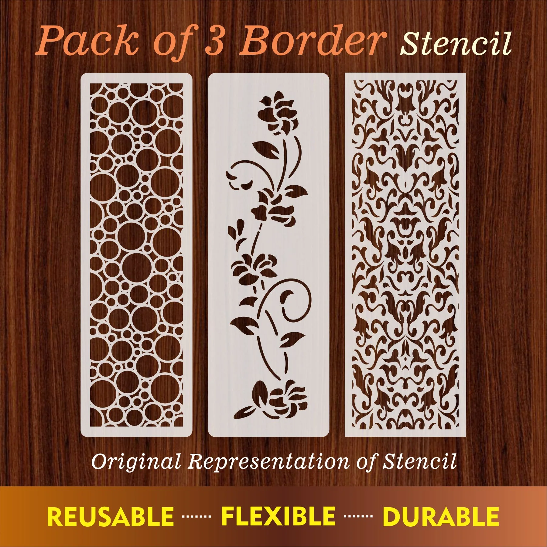 Pack of Three Border Reusable Stencil For Canvas And Wall Painting.ID#221A