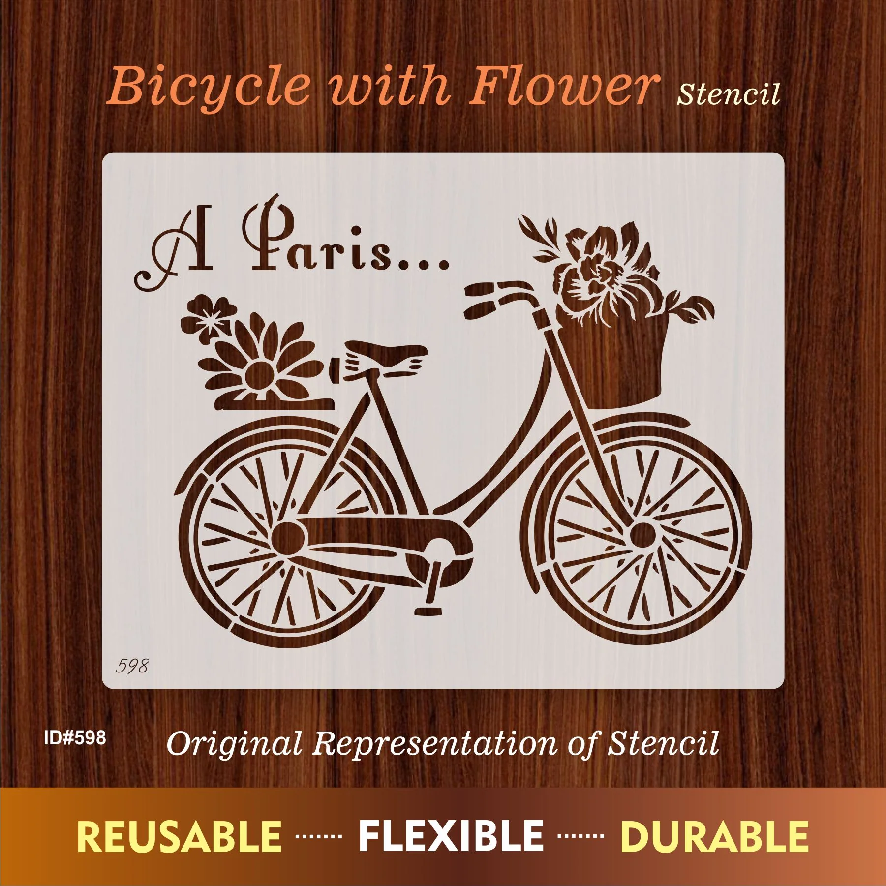 Paris Bicycle with Flowers Stencil for Wall, Furniture & Fabric Art – French Vintage Design – ID#598