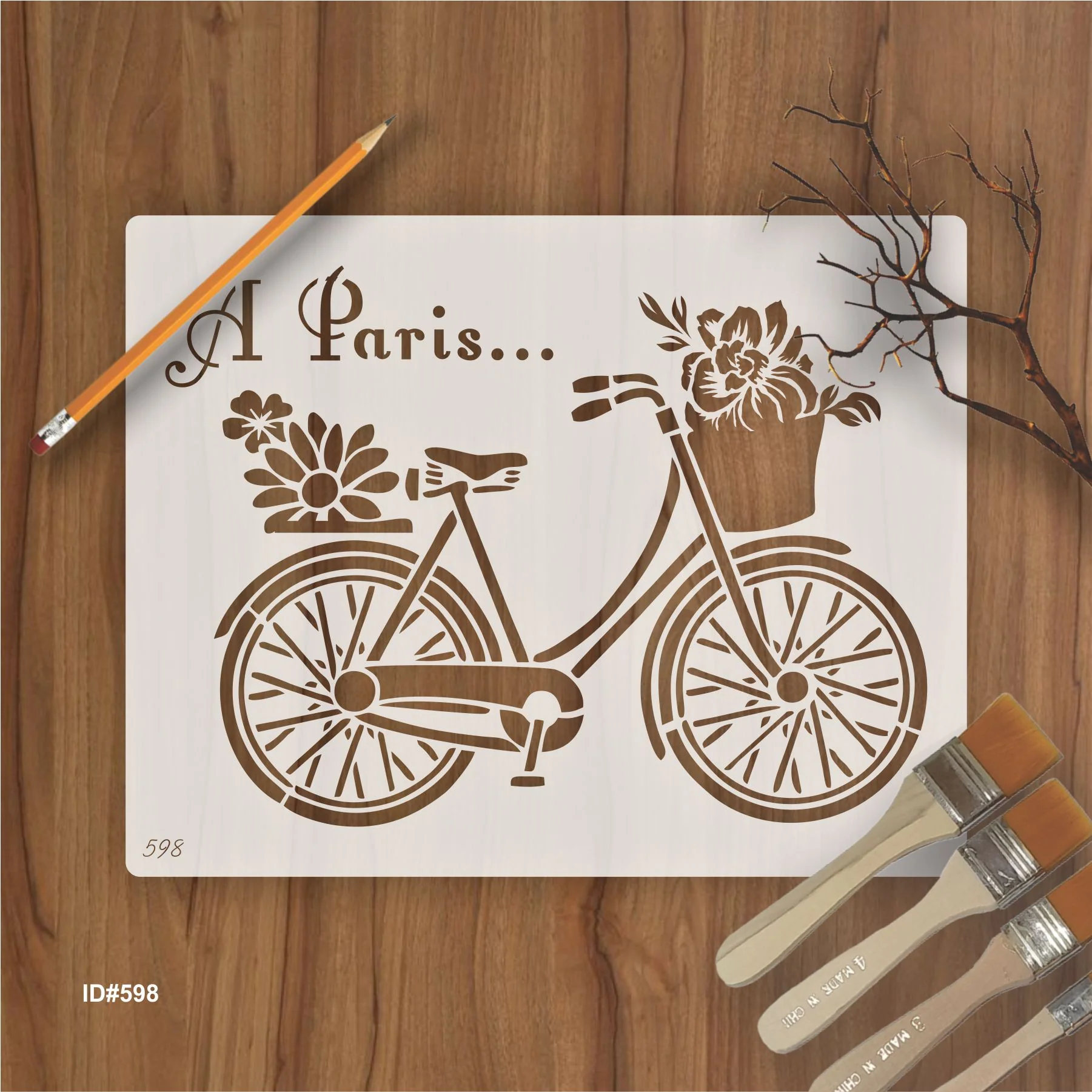Paris Bicycle with Flowers Stencil for Wall, Furniture & Fabric Art – French Vintage Design – ID#598 - Image 2