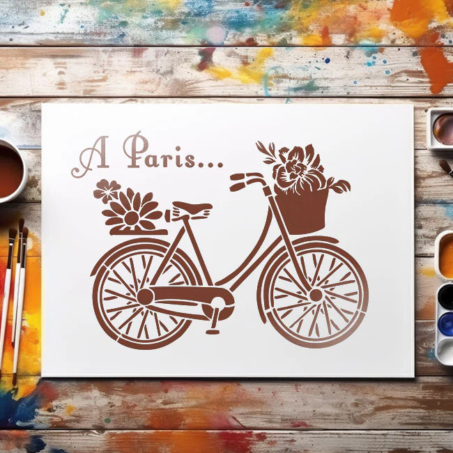 Paris Bicycle with Flowers Stencil for Wall, Furniture & Fabric Art – French Vintage Design – ID#598 - Image 7