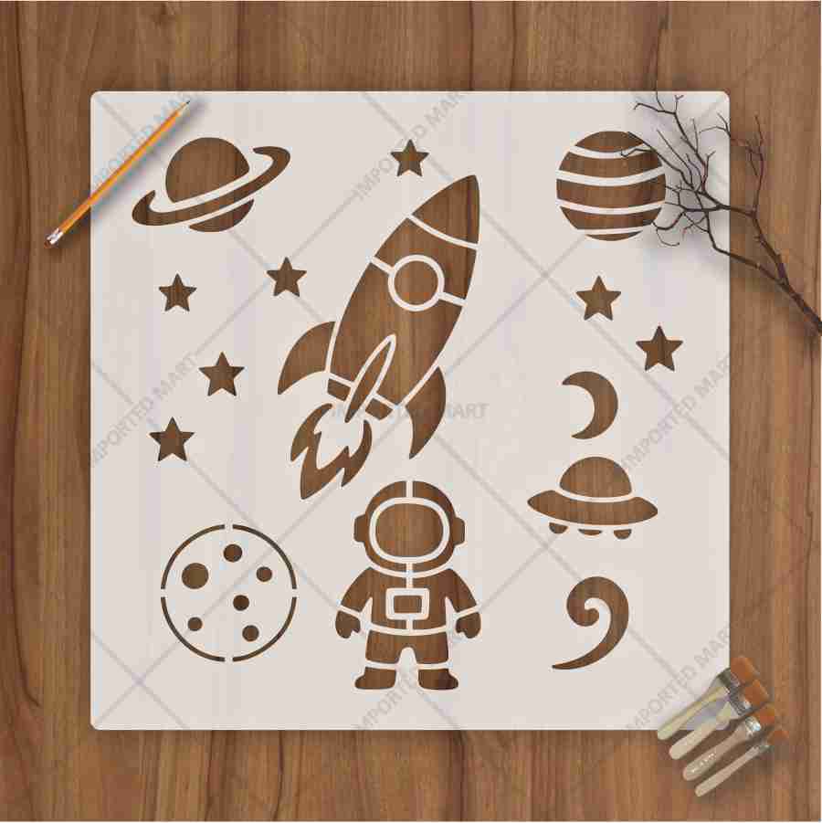 Space Exploration Stencil Bundle for Kids Room Wall, Wood & Fabric Art – Rocket Astronaut Planet Design – ID# 698 - Image 2