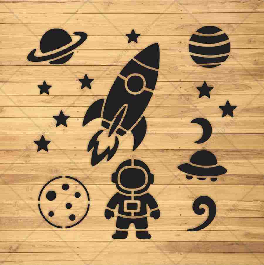 Space Exploration Stencil Bundle for Kids Room Wall, Wood & Fabric Art – Rocket Astronaut Planet Design – ID# 698 - Image 3