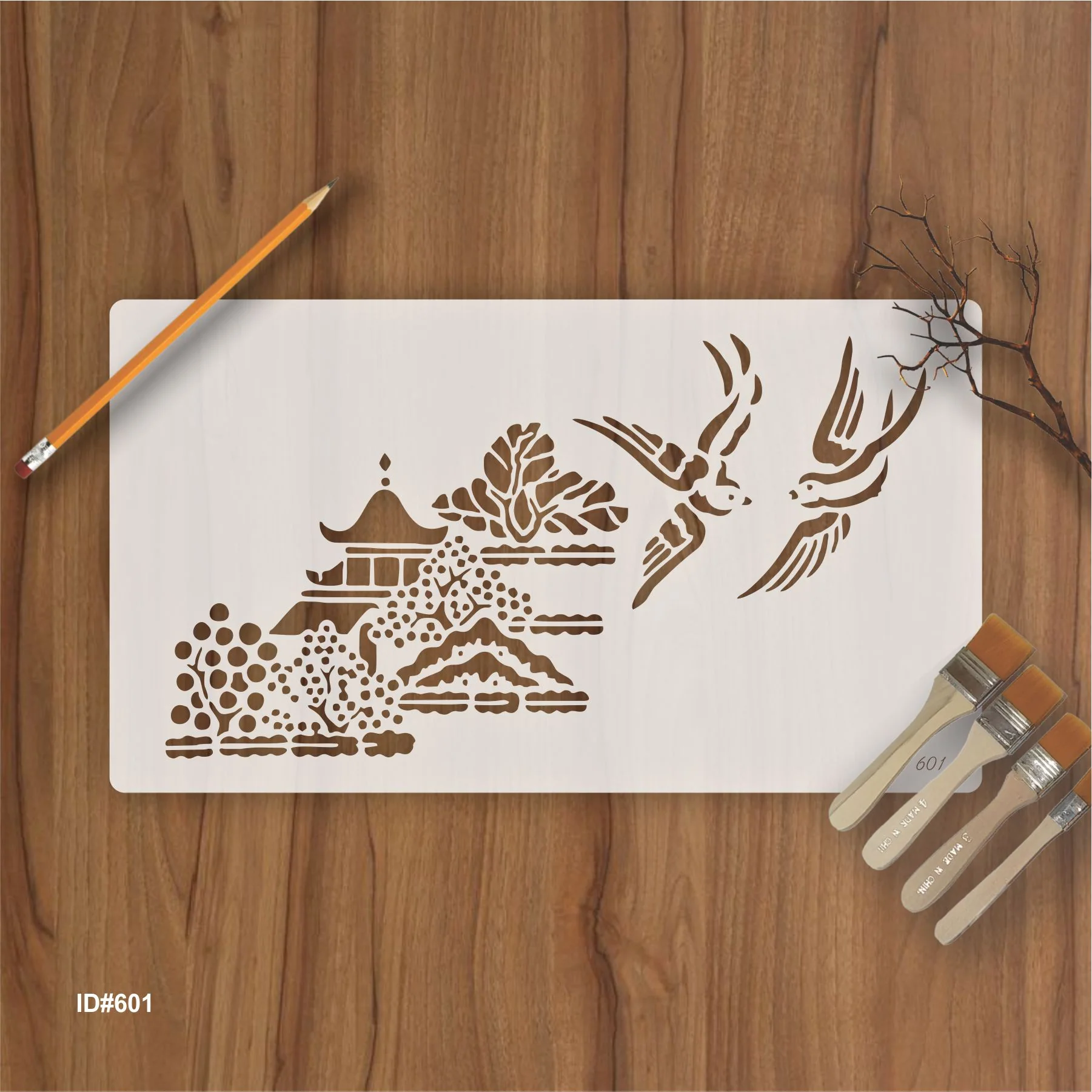 Traditional Pagoda Landscape Stencil for Wall, Wood & Fabric Art – Asian Temple Design – ID# 601 - Image 2