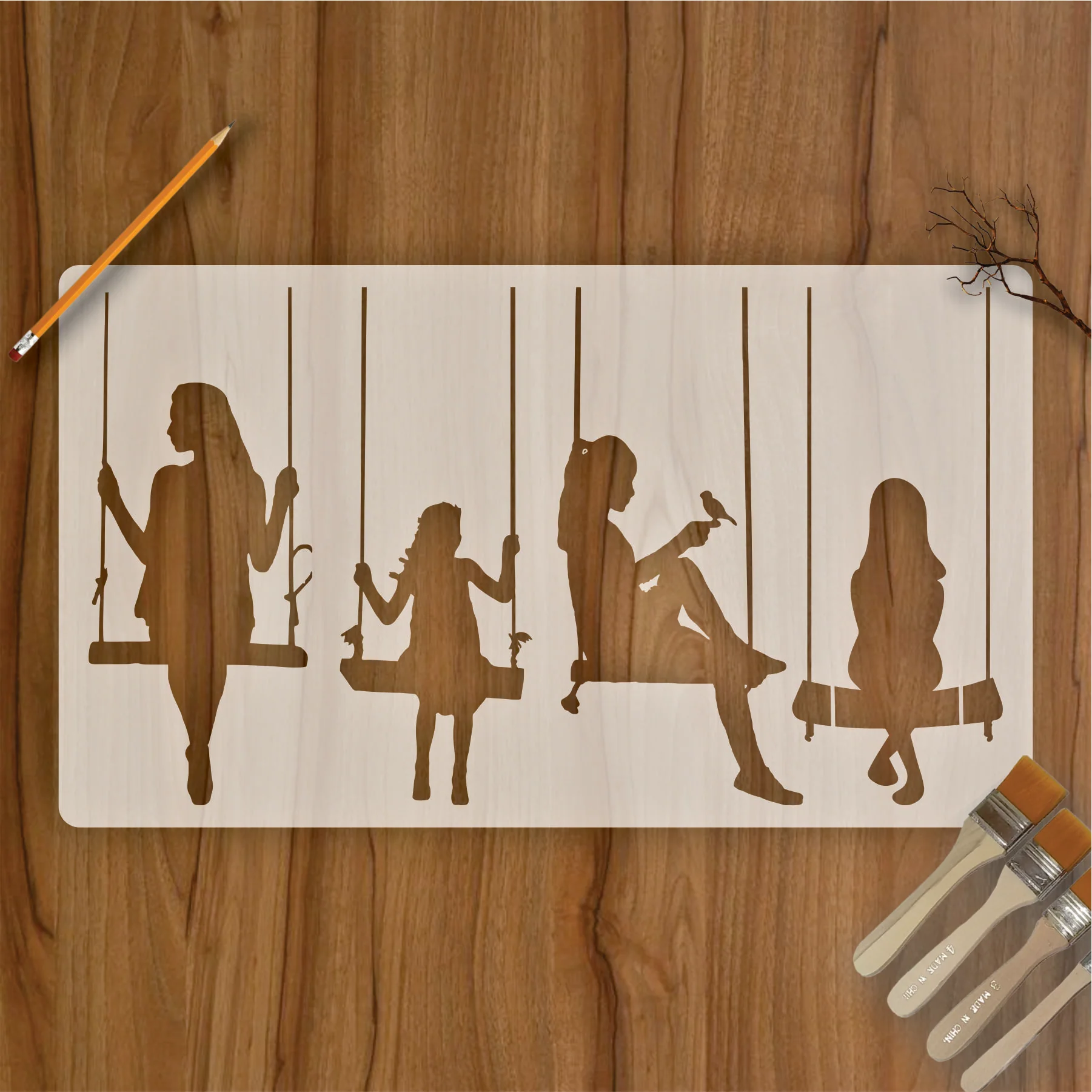 Tree Swing Girls Reusable Stencil For Canvas And Wall Painting. ID #309