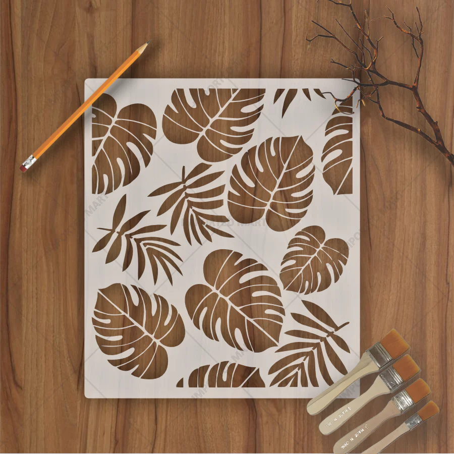 Tropical Leaf Cluster Stencil for Wall, Furniture & Fabric Art – Monstera & Palm Design – ID# 649 - Image 3