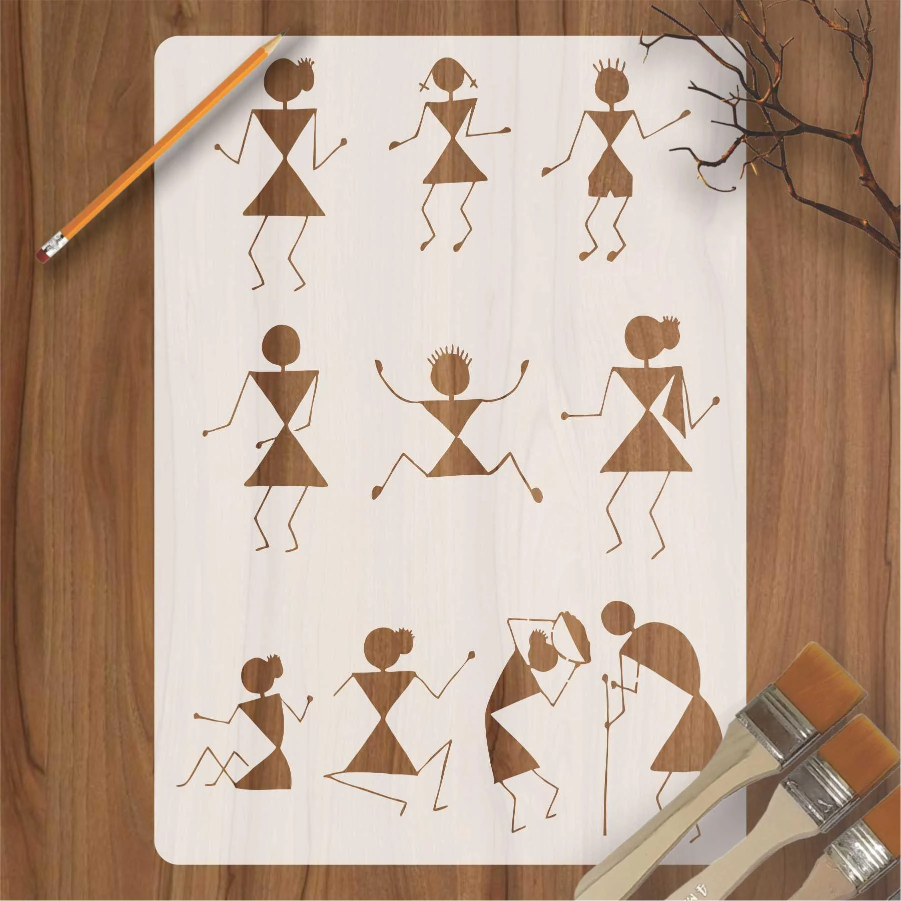 Tribal Bonfire Stencil | Warli Art Template for Wall Painting, Cards, and Paper Crafting. ID#4501
