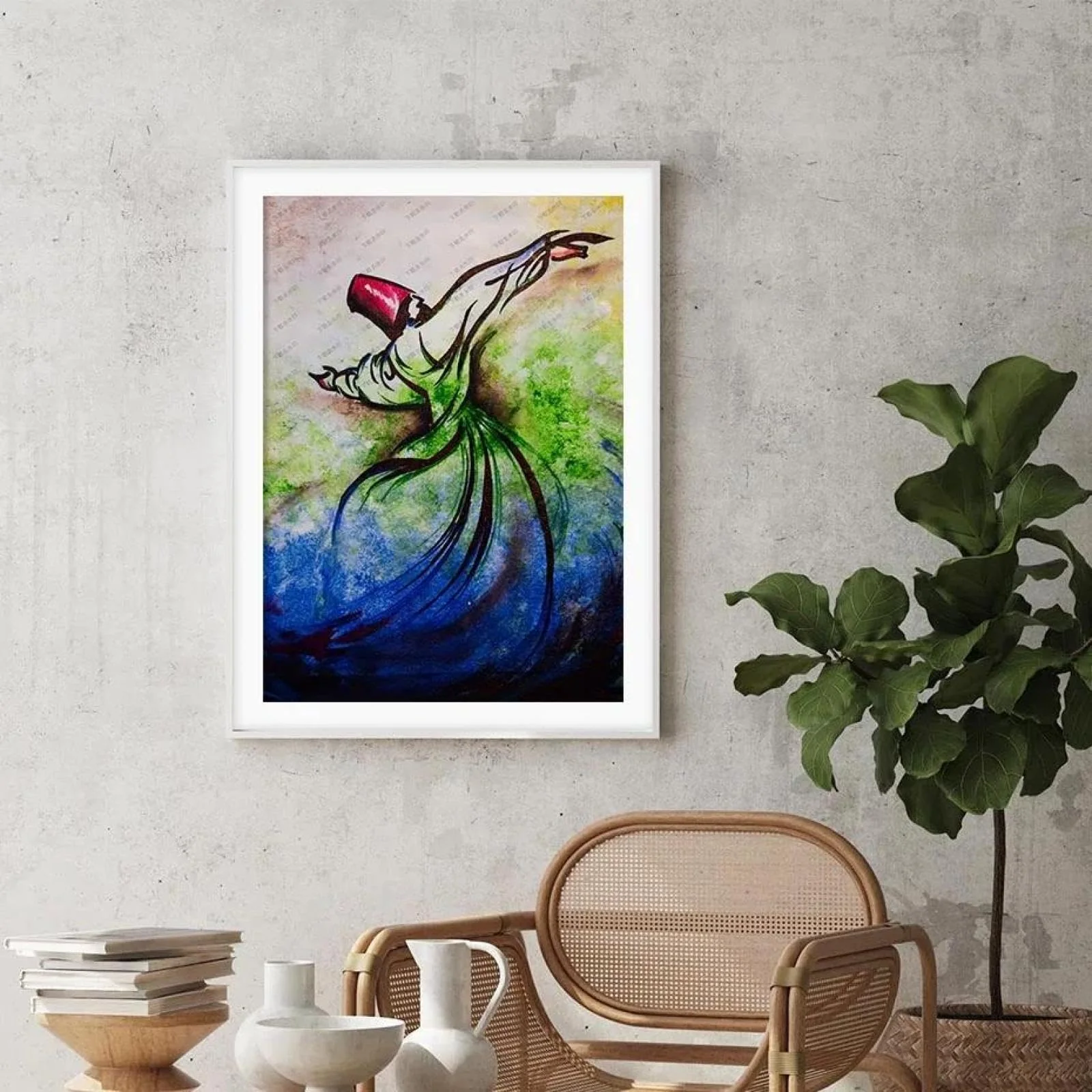 Whirling Sufi Dervish Stencil Meditation, Dervishes,Rebirth,Love, Acrylic Painting, Islam, Turkish Framed Tile. ID #522