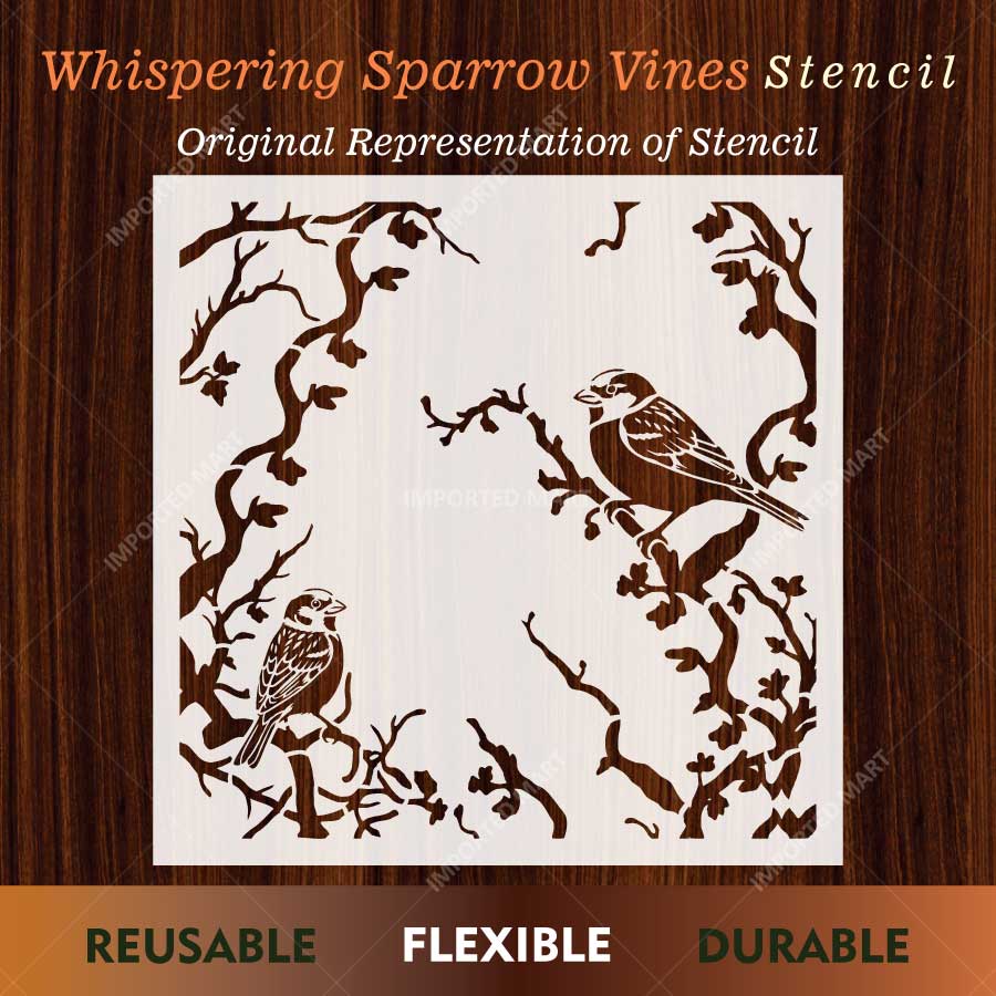 Whispering Sparrow Vines Stencil for Wall, Wood & Fabric Painting – Bird Nature Frame Design – ID# 819 - Image 2