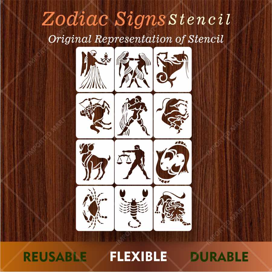 Zodiac Signs Stencil Set for Wall, Wood & Fabric Art – 12-Piece Astrology Symbol Pack – ID# 647