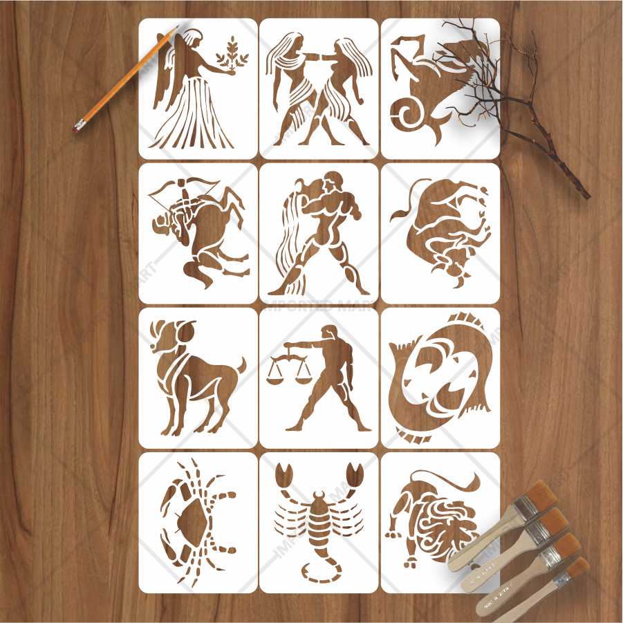 Zodiac Signs Stencil Set for Wall, Wood & Fabric Art – 12-Piece Astrology Symbol Pack – ID# 647 - Image 2